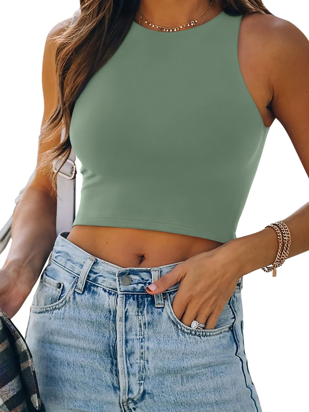 REORIA Butsmooth® Women's Sleeveless Halter Neck Double Lined Casual Basic Tank Crop Tops