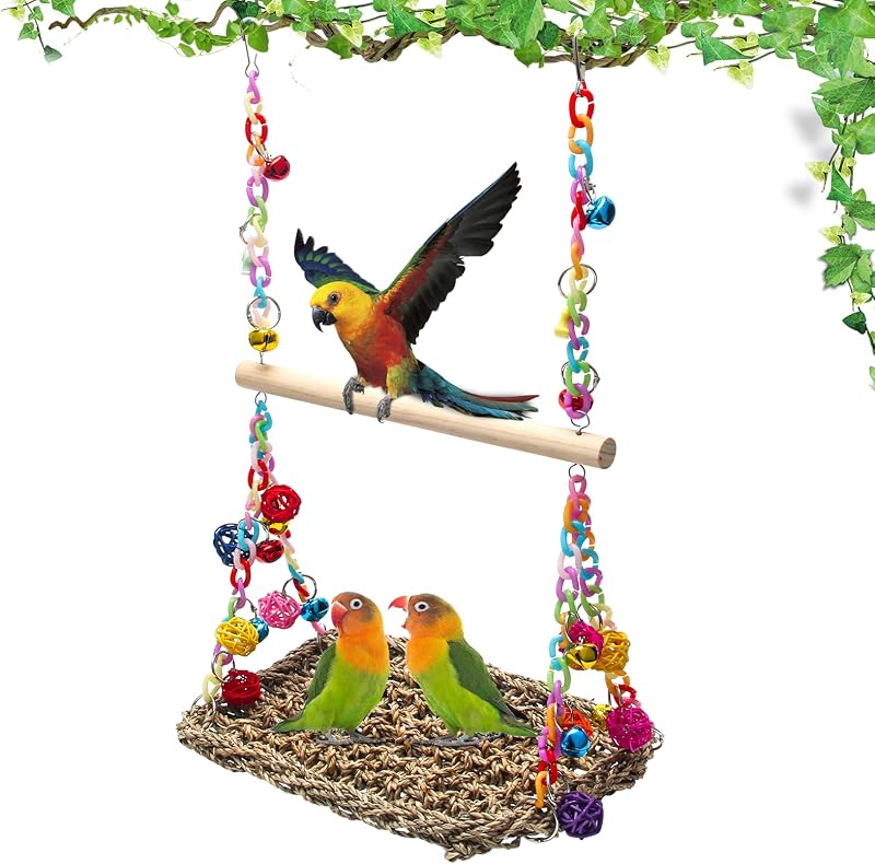 Balanço para Aves com Esteira de Sisal, Poleiro de Madeira e Brinquedos AHIER HWS-BirdHammock