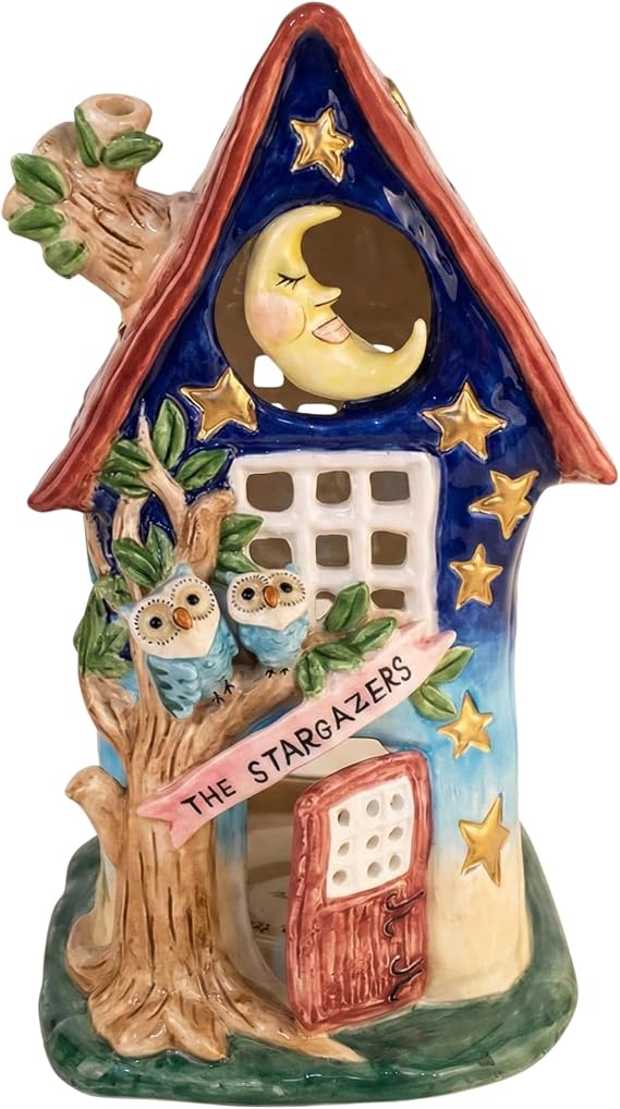 Blue Sky Clayworks Stargazers Owl Candle House, Ceramic, 9 L x 6 W x 8 H, Moonlit Woodland Glow