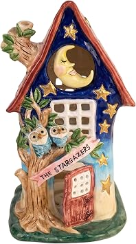 Blue Sky Clayworks Stargazers Owl Candle House, Ceramic, 9 L x 6 W x 8 H, Moonlit Woodland Glow