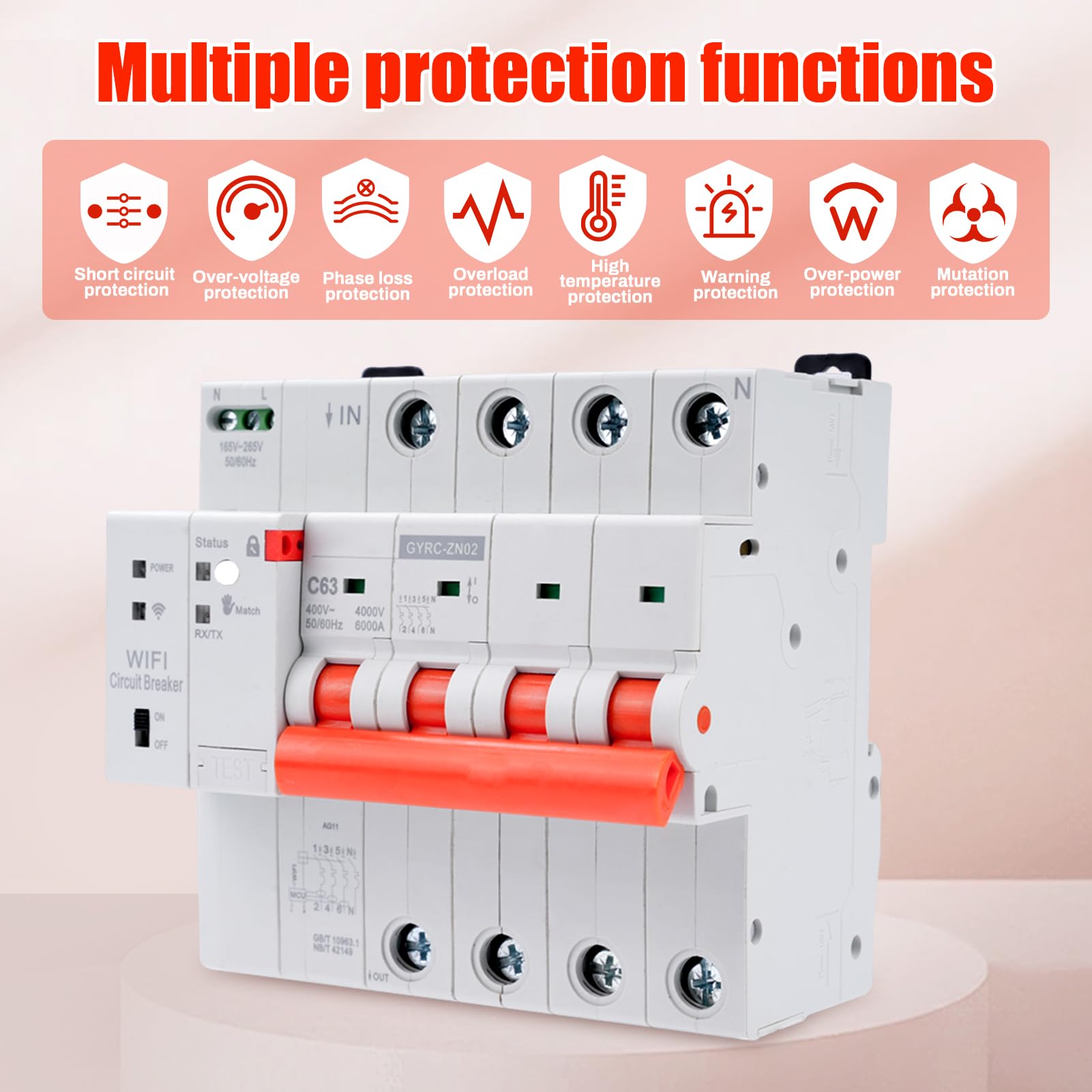Jadeshay Disyuntor Inteligente WiFi,4P 63A Interruptor Inteligente Rearme Automatico Interruptor Magnetotermico con Protección contra Sobretensión Sobrecarga,WiFi Control Remoto via Tuya o Smart Life
