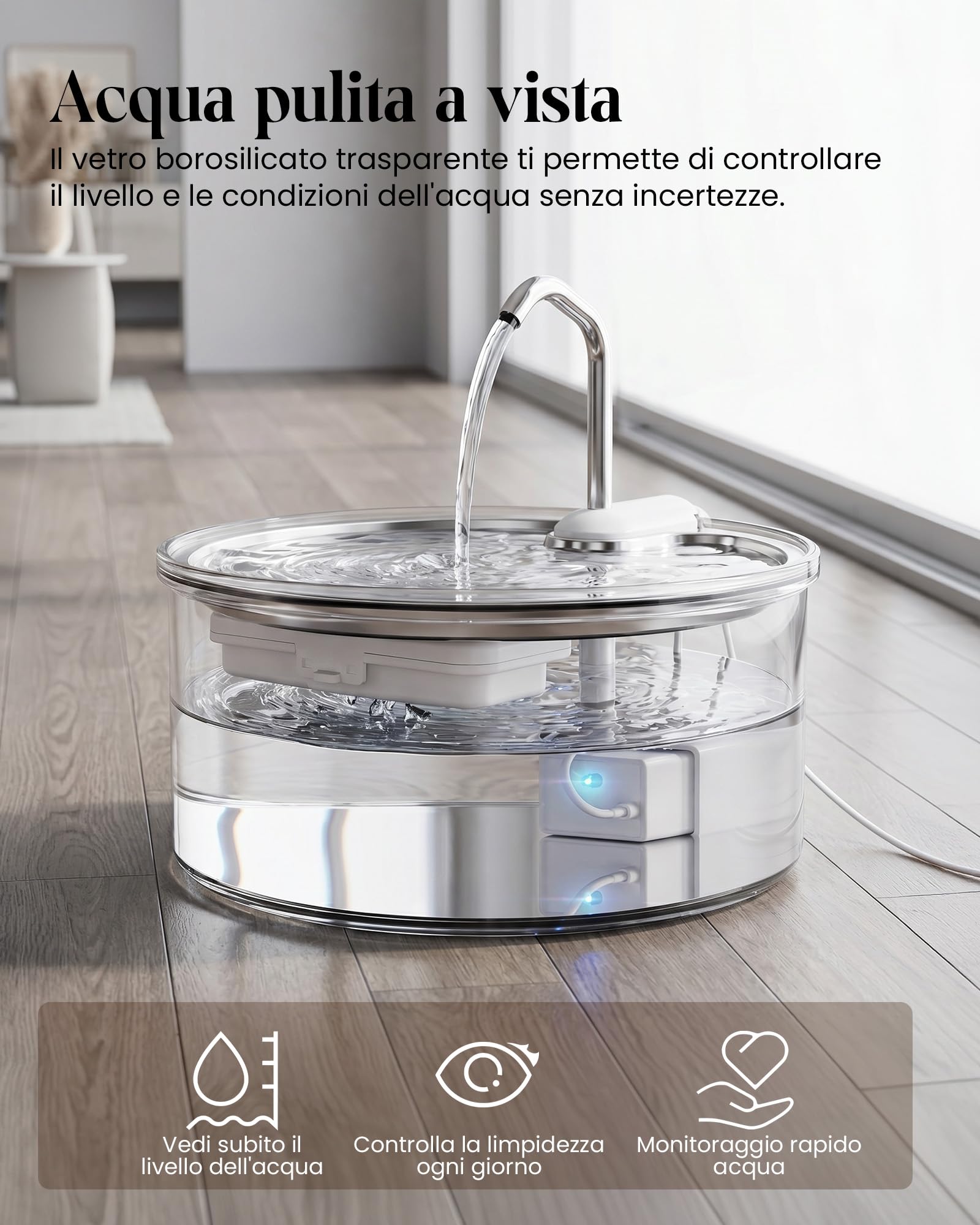 Tomxcute Fontana per Gatti e Cani Piccoli in Vetro 3,2 L, Silenziosa | Controllo facile del livello dell'acqua, design con rubinetto e facile manutenzione