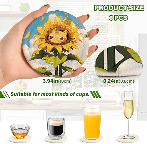 Miniatura 3 de Sunflower Blue Yellow Cotton Rope Coasters 4 Inch Holder Set of 6 Absorbent Absorbent Coasters for Drinks Housewarming Gift Home Decor