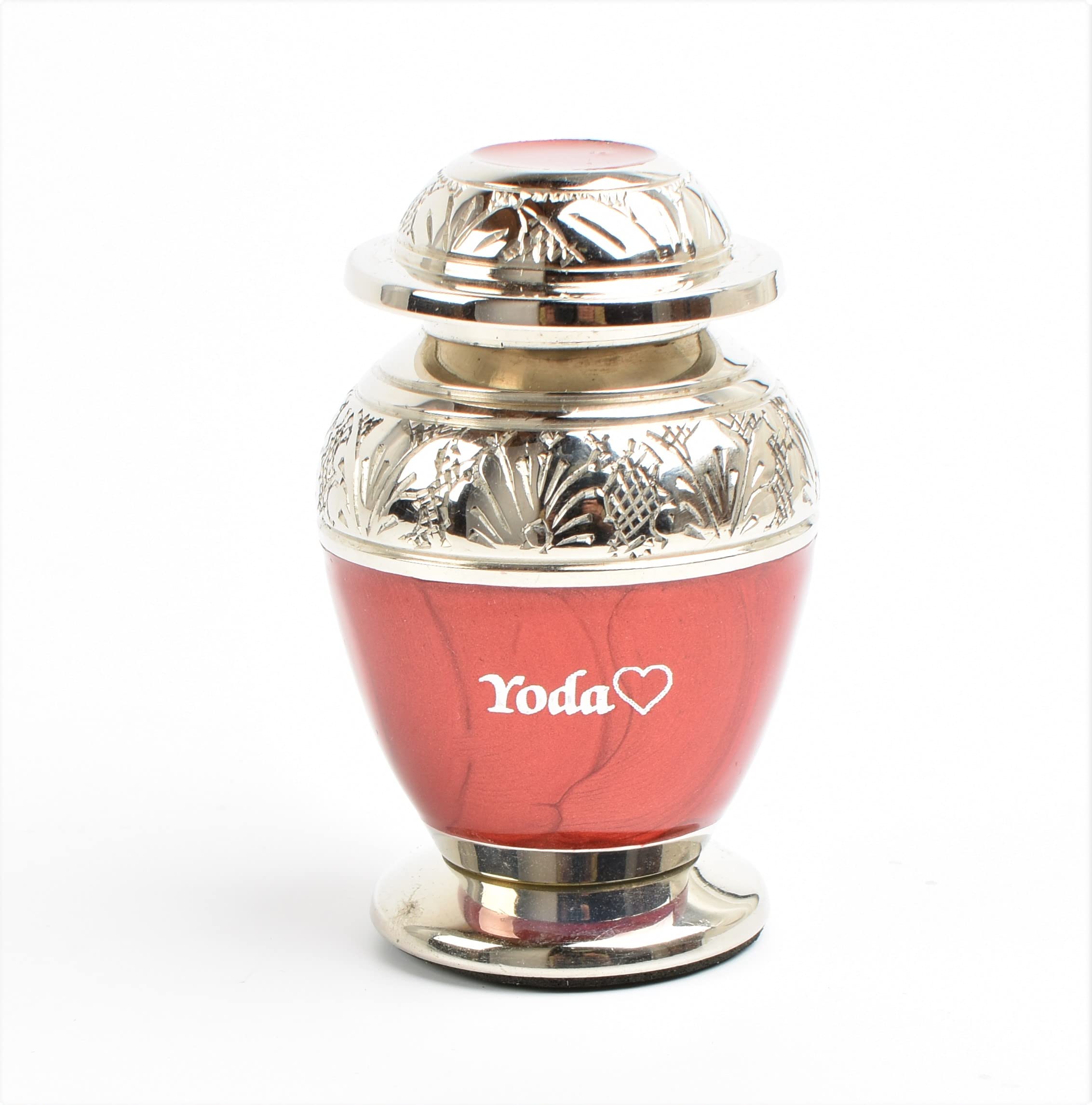 Small Keepsake Urn for Human & Pet Ashes – 3" Memorial Container With Velvet Presentation Gift Box - Capacity 7 Teaspoons - Handcrafted in Metal Aluminium Brass (Dove Red- Text Engraved) — image 1