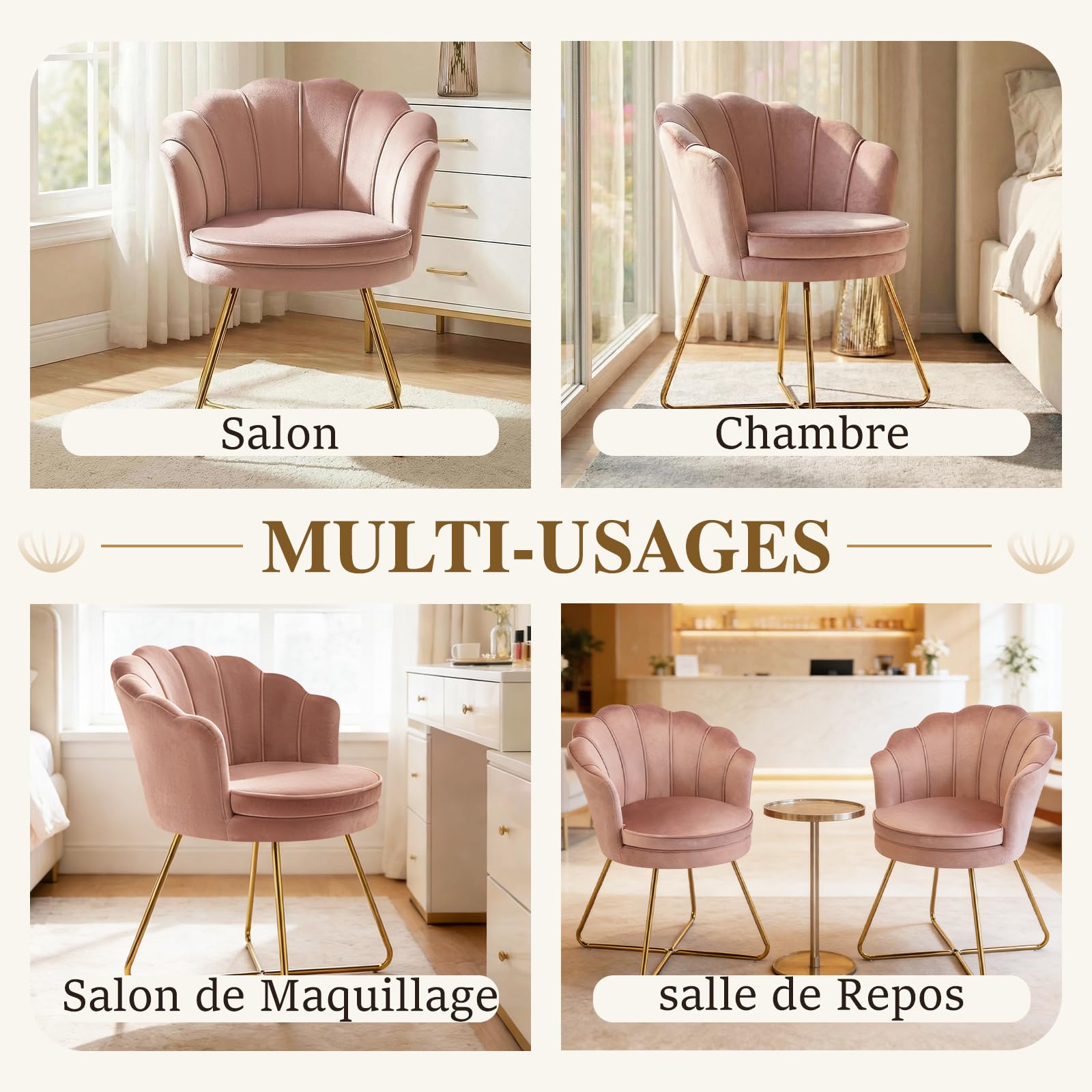 Hellove Chaise Coiffeuse Velours Doré | Fauteuil Salon Confortable, Chaise Coquillage Rose pâle avec Pieds Métal Or, Fauteuil Coiffeuse Idéale pour Salon, Chambre, Lecture, Tabouret Coiffeuse