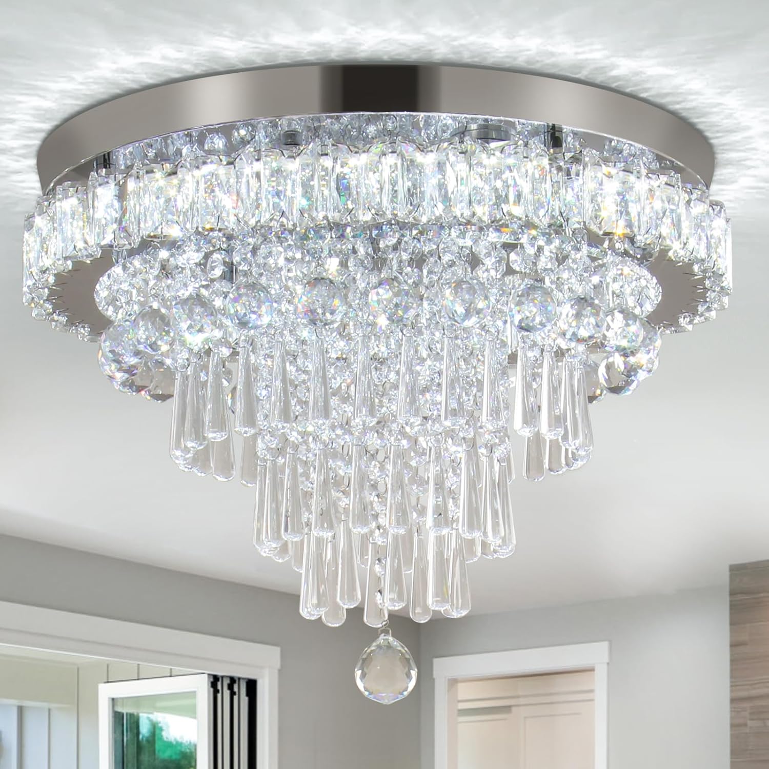 CLAIRDAI Modern Crystal Chandelier Round LED Crystal Ceiling Light Fixtures Flush Mount Chandelier Ceiling Lamp for Living Room Bedrooms Dining Room (6500K Cool White)