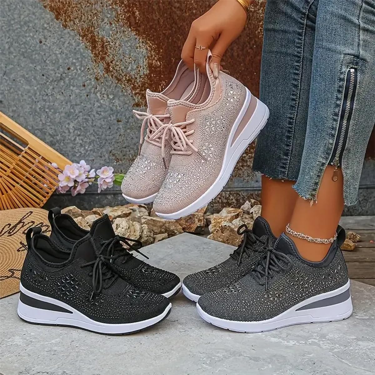 Donna Glittery Rhinestone Fashion Breathable Wedge Sneakers, Sparkly Platform Trainers Lightweight Comfy Slip On Walking Shoes, rosa., 40 EU