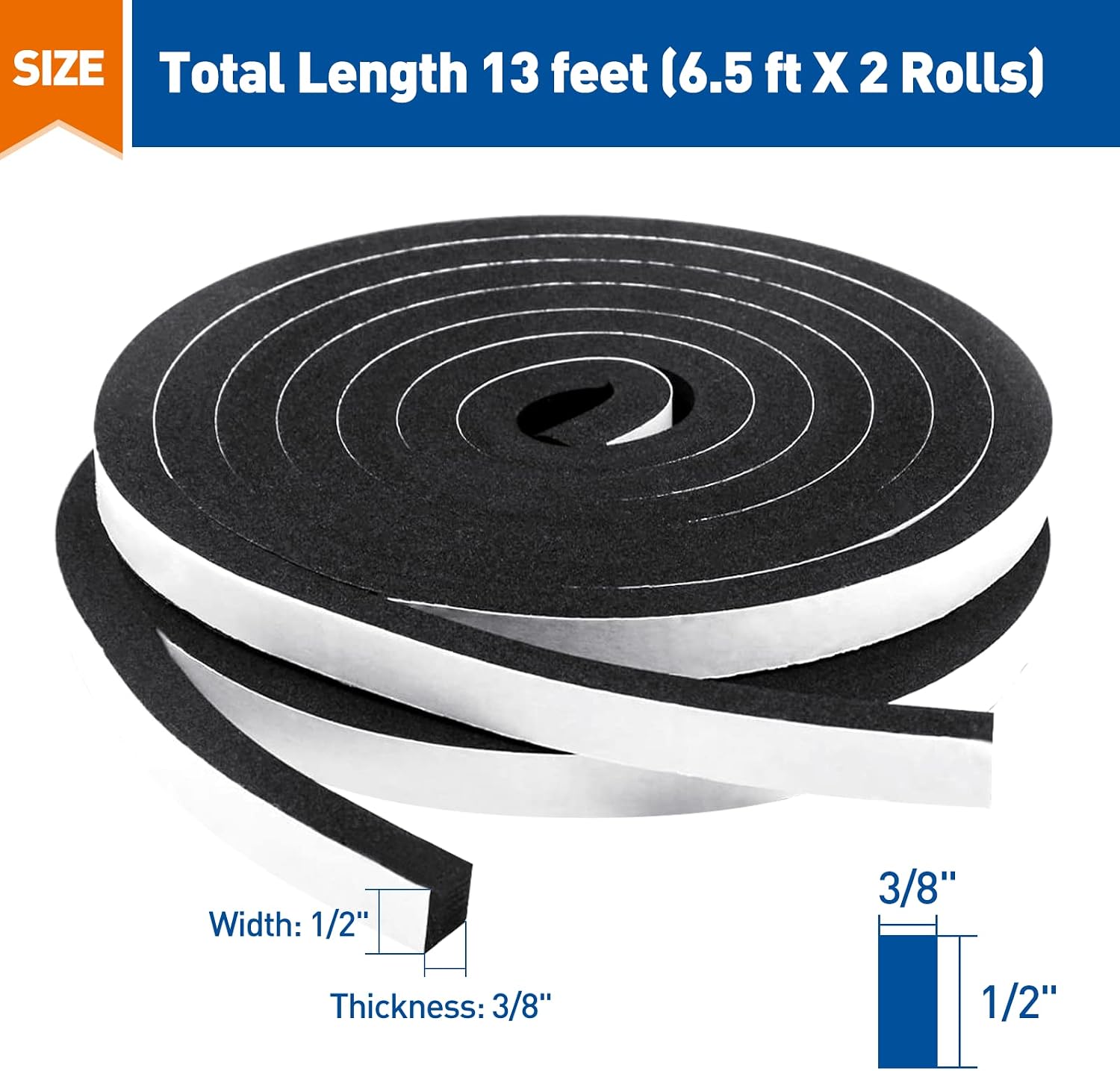 MAGZO Door Weather Stripping, 1/2 Inch W X 3/8 Inch T Adhesive Foam Tape High Density, Total Length 13 Feet (6.5ft x 2 Rolls)