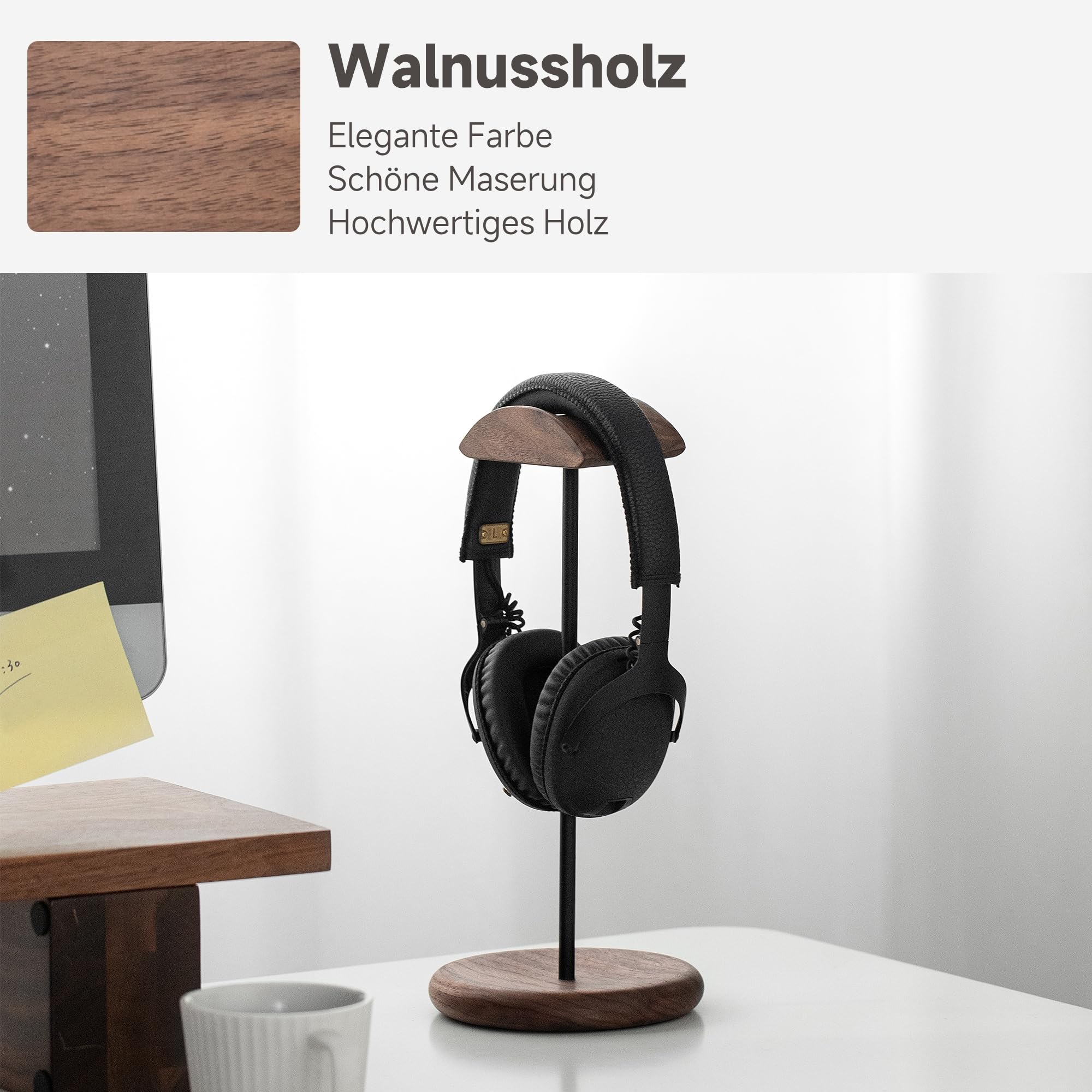 muso wood Headset Halterung Tisch Kopfhörer Ständer aus Walnussholz und Aluminium, stabiler Kopfhörerständer aus Holz, nachhaltiger Headset Ständer, Gaming Kopfhörer Halterung Halter