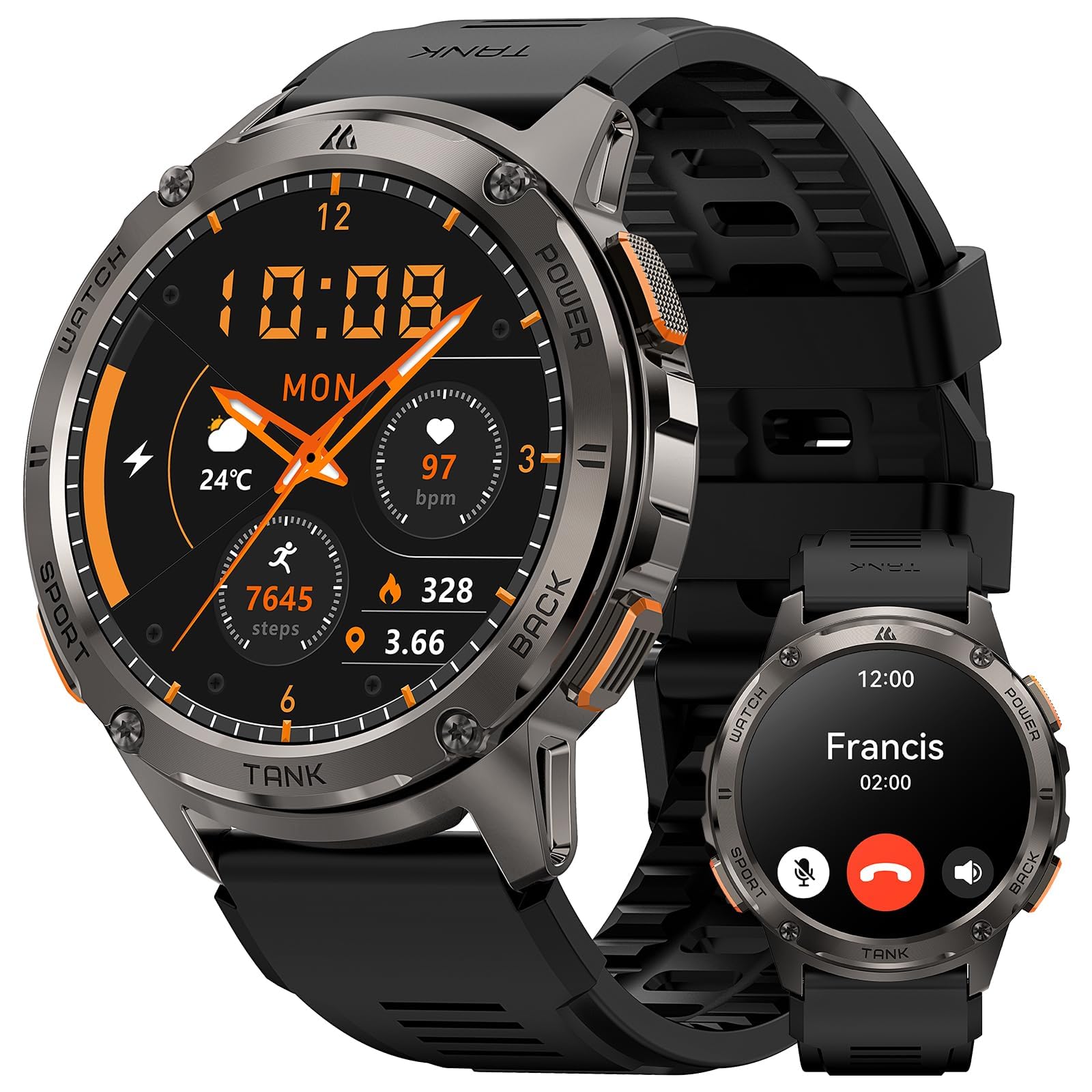 Smart Watches for Men, 480mAh Extra-Large Battery, 50M Waterproof, Military Fitness Watch Full Metal Body, Answer/Make Call, AI Voice Compatible for Android & iOS (Black)