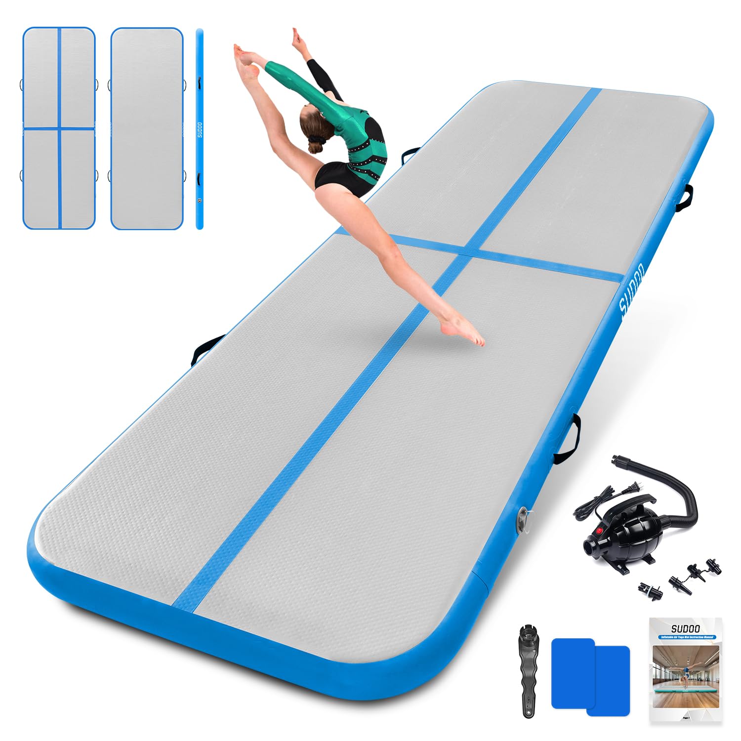 SUDOO Gymnastics Air Mat 8.2ft/10ft/13ft/16ft Inflatable Air Tumble Track Mat 4" Thick Tumbling Mat With Pump/No Pump for Home Training Tumble Yoga Cheerleading Parkour Beach Water Activities Use