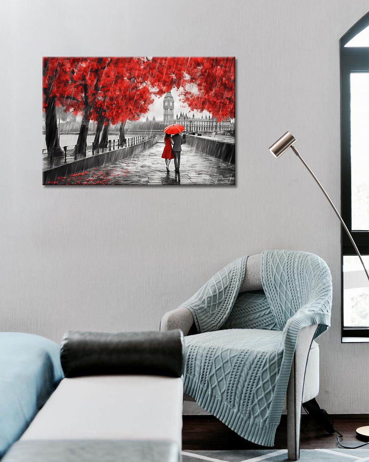 GLOKAKA Contemporary Wall Art Black White and Red Umbrella Couple in Street Big Ben Oil Painting Print Canvas Wall Art Romantic Picture Artwork for Bedroom Living Room Decor - Image 3