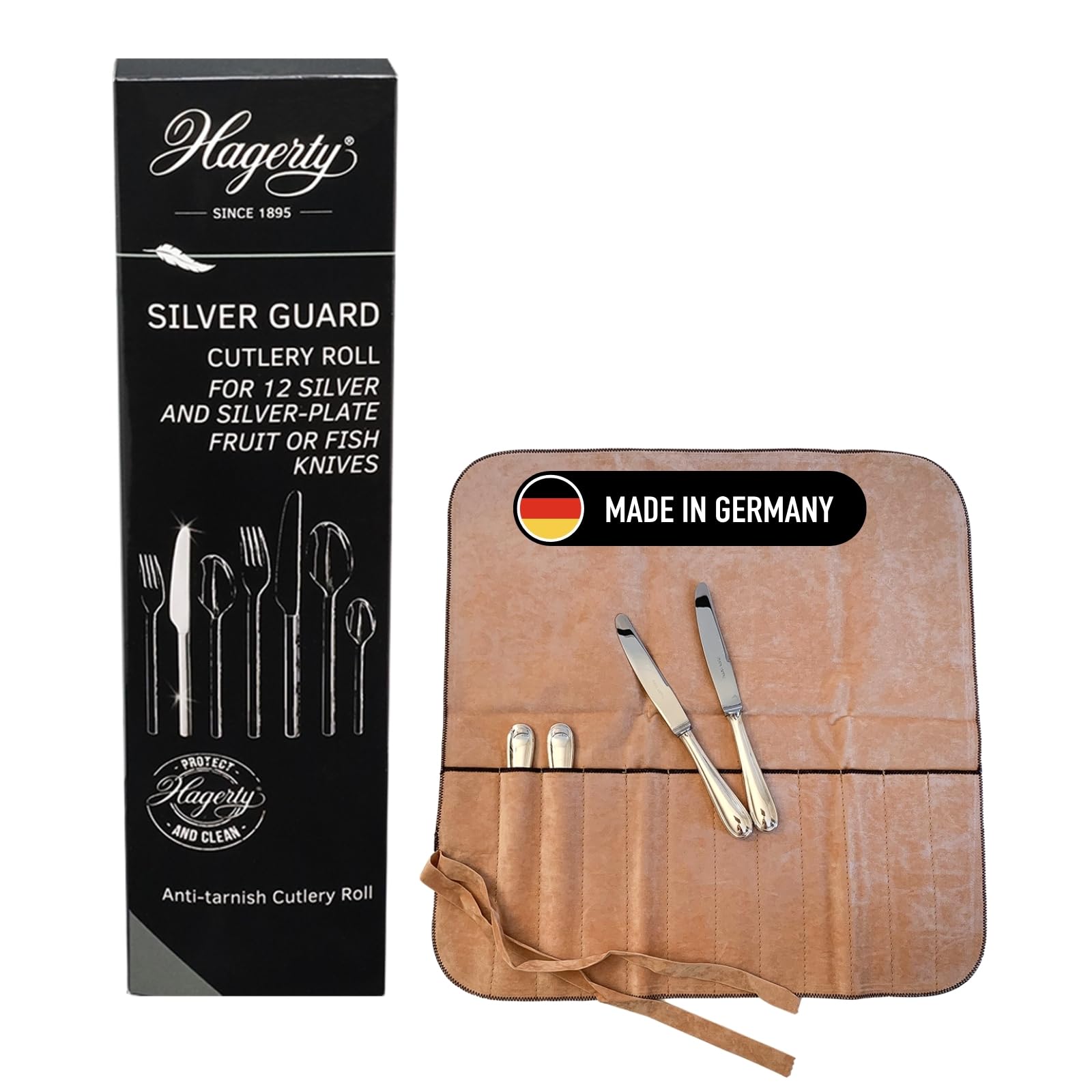 Hagerty Silver Guard Cutlery Roll Bestecktasche für Silber und Versilbertes 43,5 x 45 cm Silberbesteck-Aufbewahrung mit Anlaufschutz Besteckhalter für Obst- & Fischmesser mit 12 Fächern A119006
