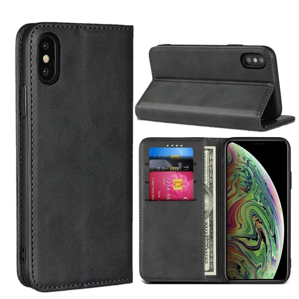 SunYoo for iPhone XS Max Wallet Case, with Cards Slots & Magnetic & Flip Folio with Cowhide Pattern Leather Compartment for iPhone XS Max (6.5 inch) - Black