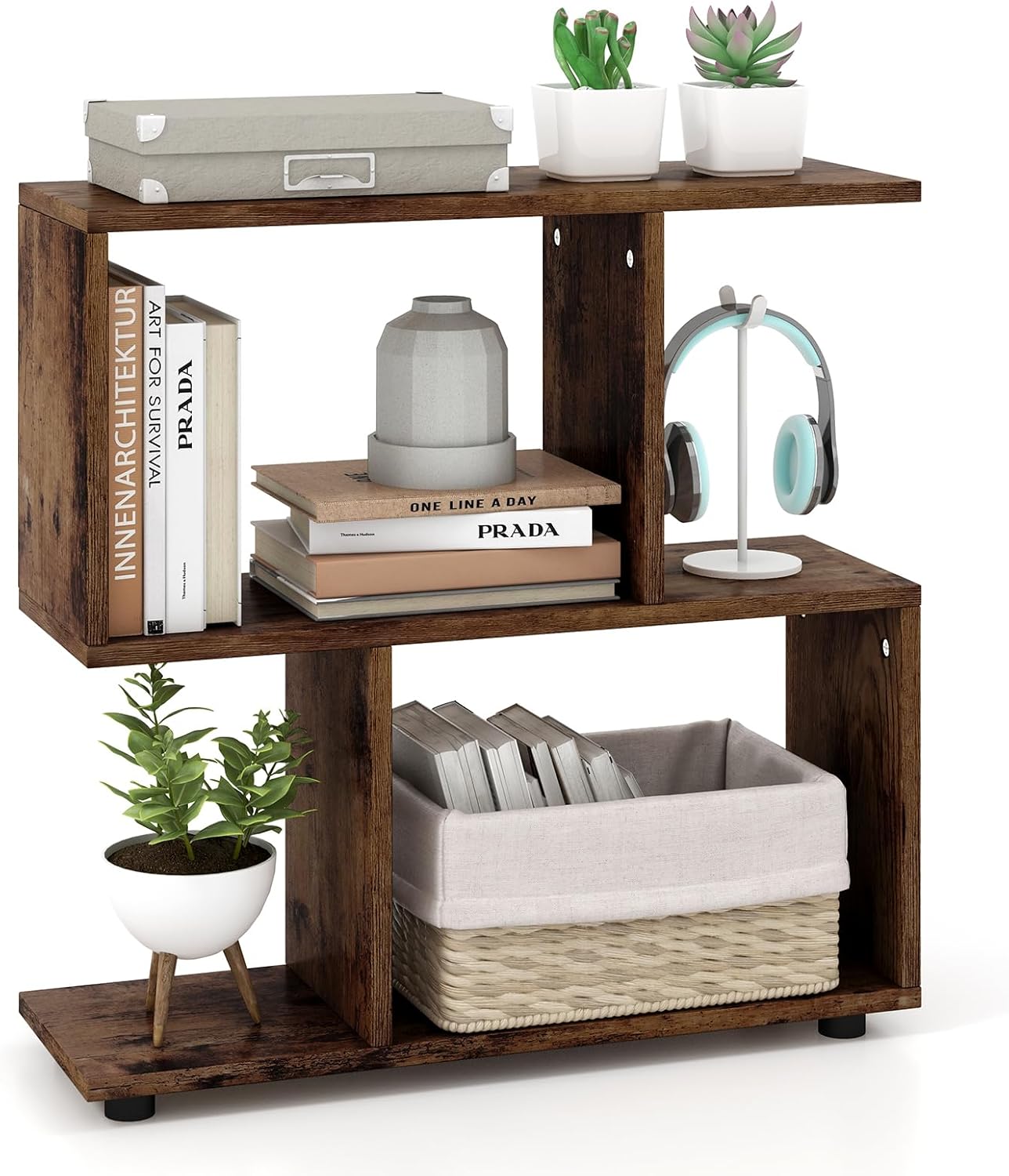 Tangkula 2 Tier Geometric Bookshelf, Freestanding Wood Display Shelf, Home Office Room Divider S Shaped Open Bookcase, Small Bookshelf for Small Spaces, Living Room, Study (Coffee, 1)