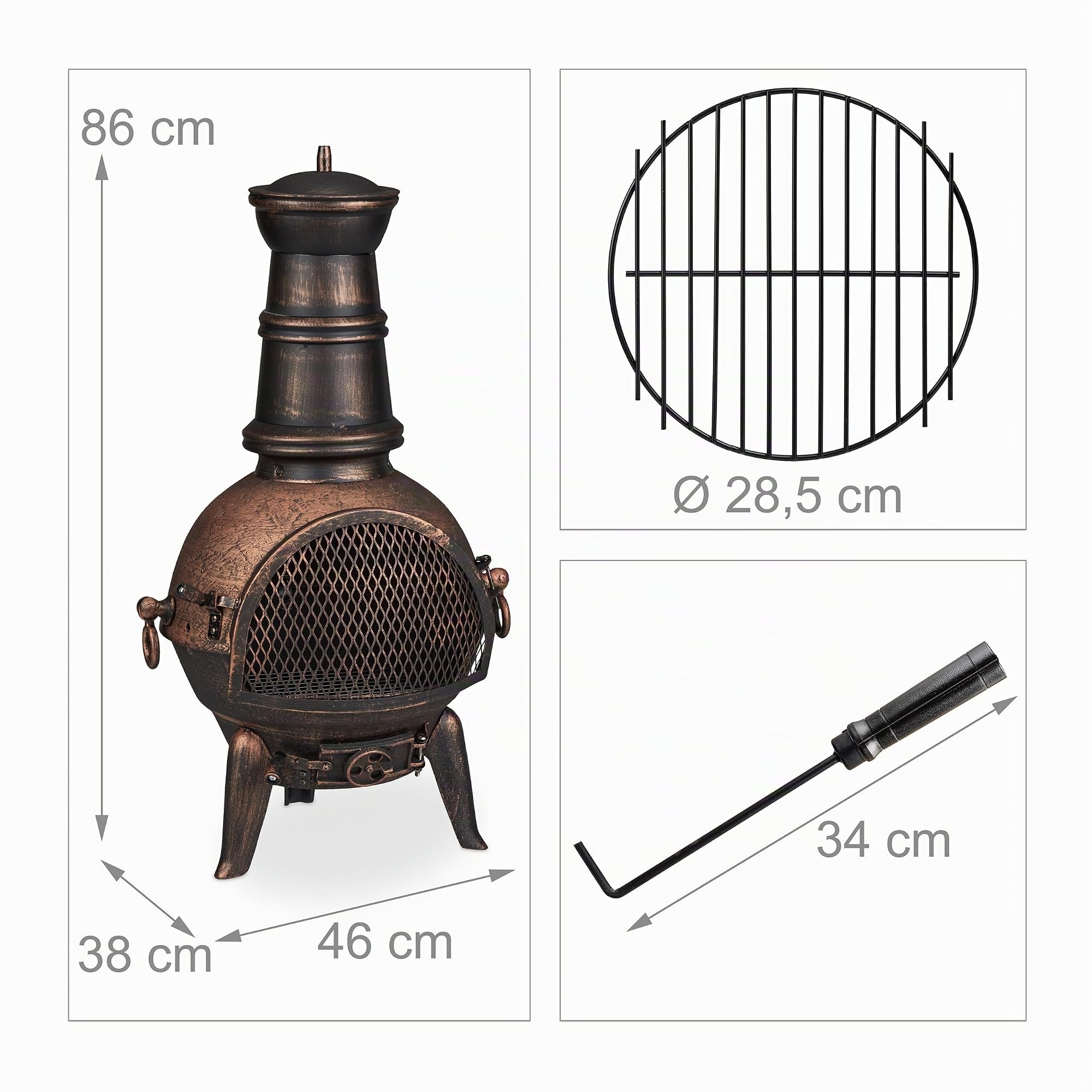Relaxdays Chimenea Exterior, Estufa Terraza, con Atizador, Hierro Fundido, Protección Antichispas, 86x46x38 cm, Bronce
