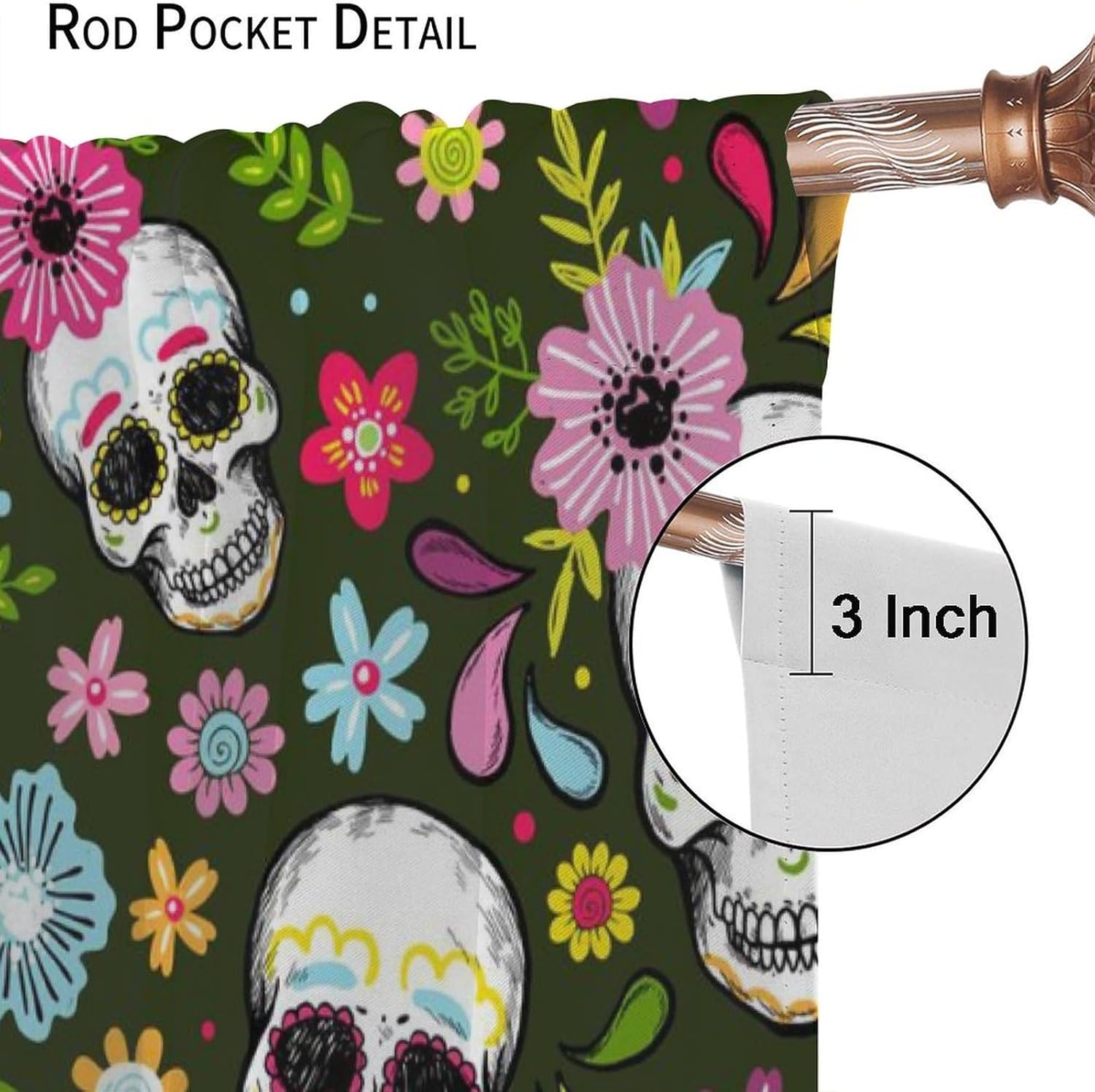 Skull Blackout Curtains Funny Cartoon Colorful Flower Skeleton Skull Print Home Decor Bedroom Living Room Kitchen Rod Pocket Window Drapes42x45in