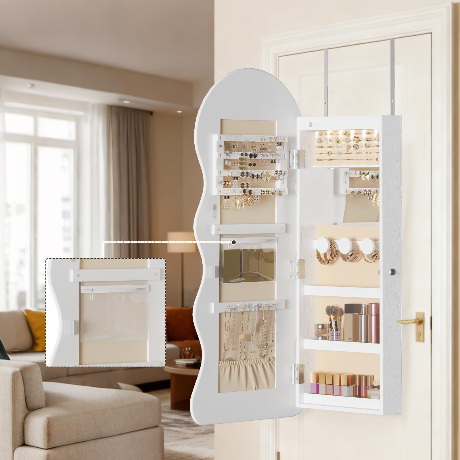HOOBRO Armario Joyero de Pared con Iluminación LED y Espejo, Cerradura, Puerta Abatible, Blanco EWT08CDJC04