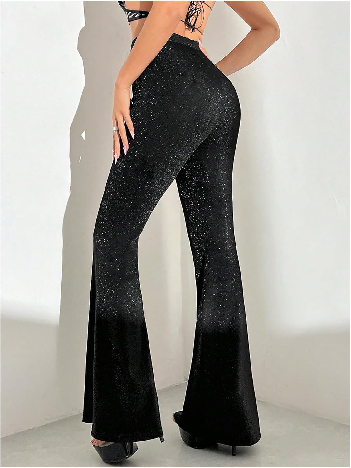 OYOANGLE Women's Glitter Flare Pants High Waisted Skinny Bell Bottoms Sparkly Party Night Out Bootcut Pants