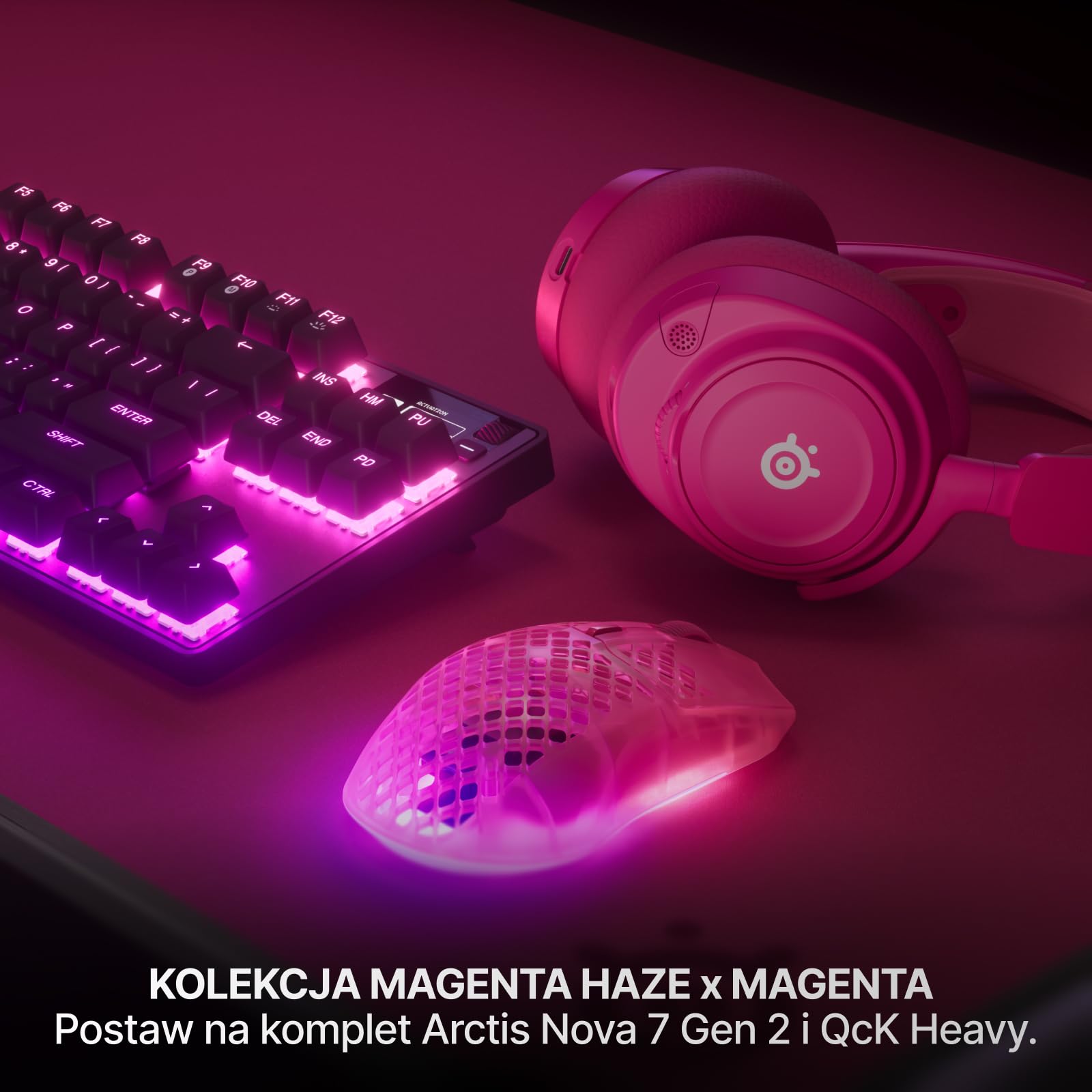 SteelSeries Aerox 3 Wireless Gen 2 – superlekka mysz dla graczy, polling 4K, sensor optyczny 26K DPI, 200 godzin pracy, wodoodporność IP54, 80 mln kliknięć, RGB, ślizgacze 100% PTFE, Magenta Haze