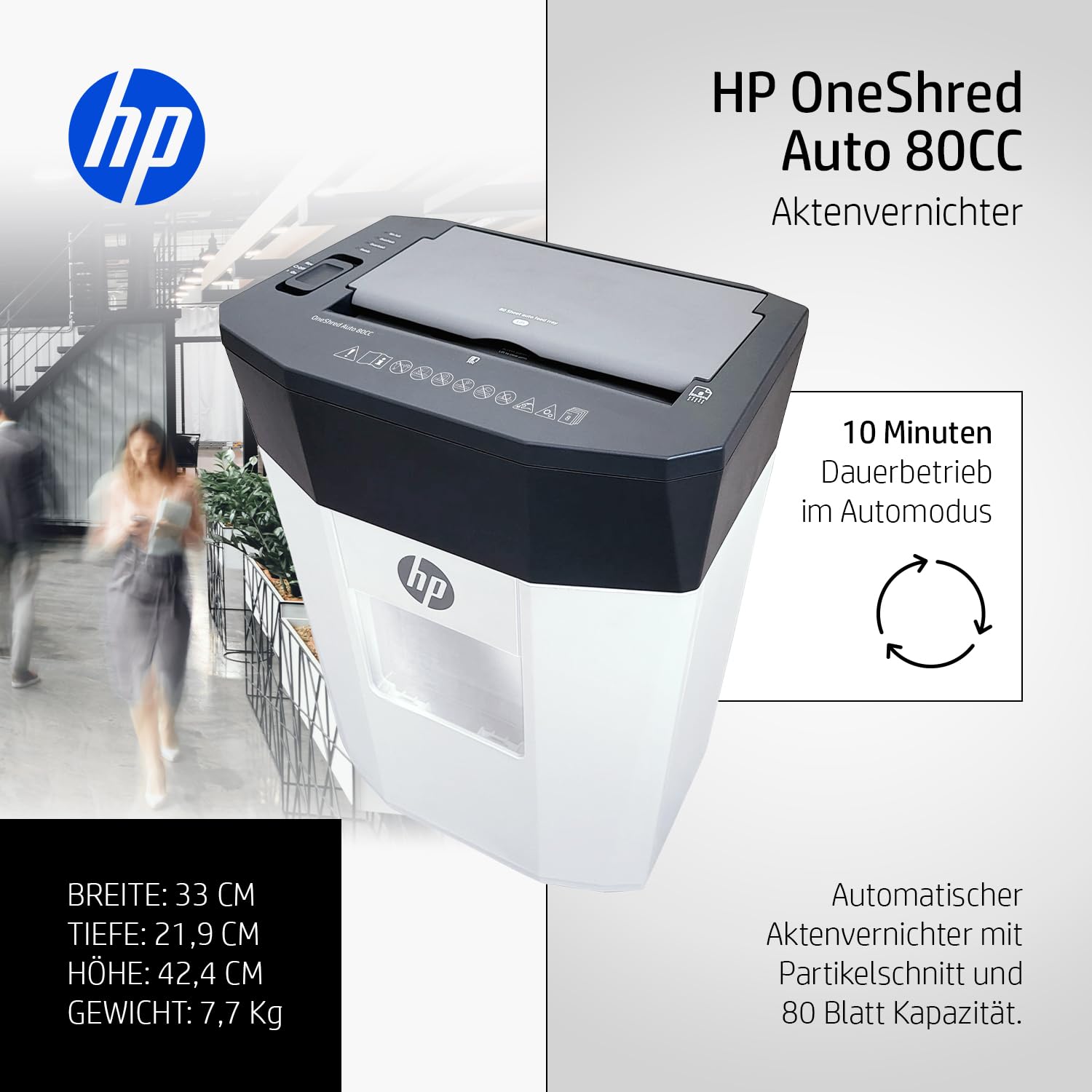 HP OneShred Auto 80CC Aktenvernichter | Shredder Papier 80 Blatt Auto & 8 Blatt Manuell | Schredder Aktenvernichter P-4 | Paper Shredder Cross Cut | Schredderer Papierschredder 15L | Aktenschredder