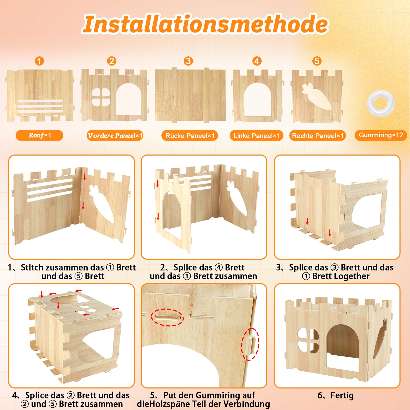 Großes Kaninchenhaus und Verstecke Hölzernes Kaninchen Versteck Schloss Abnehmbares Kaninchen Spielhaus für Indoor erwachsenes Bunny Meerschweinchen Chinchilla Habitat