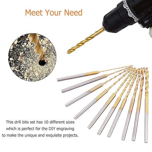 Miniatura 4 de YUENTOEN Juego de 10 mini brocas helicoidales  Brocas de micro grabado, vástago HSS de 0.014 in recubierto de titanio de 0.024 in a 0.087 in,