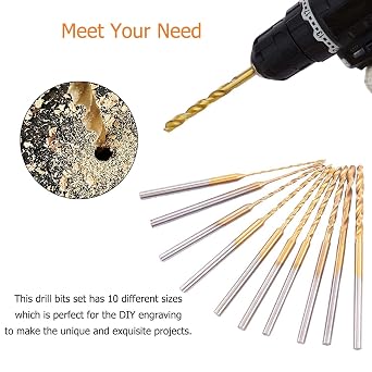 10Pcs Mini Twist Drill Bit Set - Micro Engraving Drill Bits, HSS 2.35mm Shank Titanium Coated 0.6mm to 2.2mm Tiny Drill Bit Hole Drilling Tool for DIY Resin, Jewelry, Amber, Beads and Beeswax