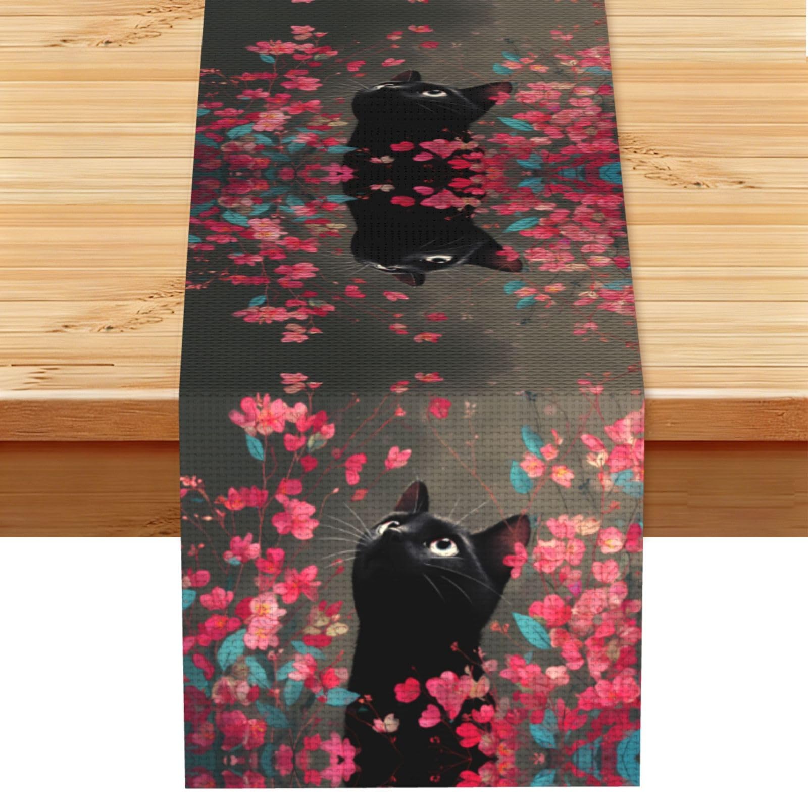 Little black cat in the flowers Linen Feel Table Runner Wedding Party Home Decoration