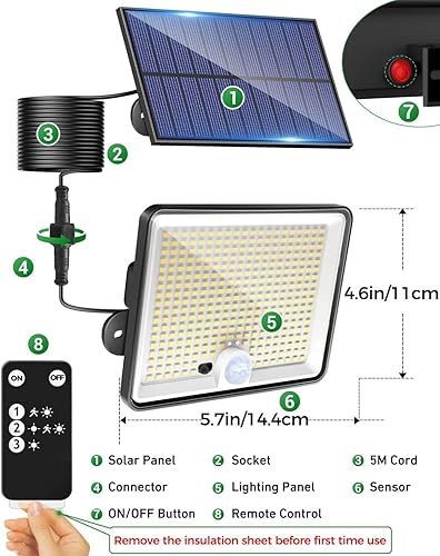 LOTMOS Lot de 2 Lampe Solaire Exterieur Detecteur de Mouvement avec Télécommande, 342 LED Lumiere Solaire IP65 Étanche Spot Solaire, 3 Modes Eclairaget Solaire pour Jardin Garage Cour, Blanc Froid - 7