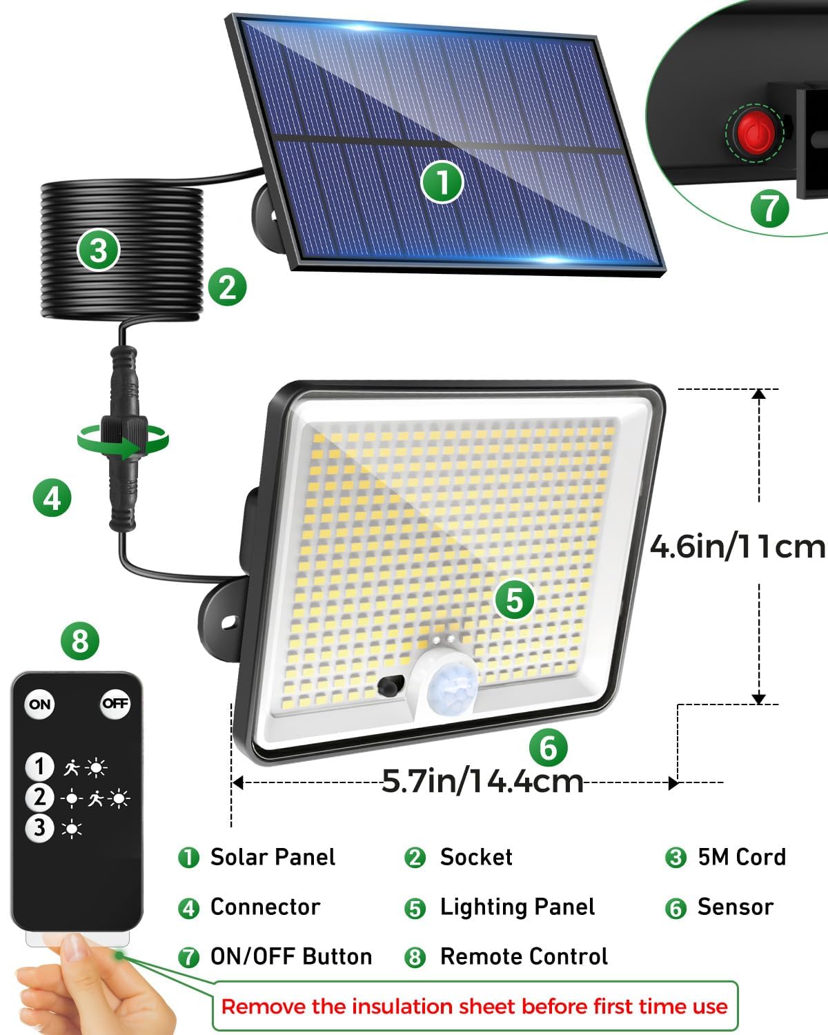 LOTMOS 2 Paquete Luz Solar Exterior Jardin, 342LED/Mando a Distancia Focos Led Solares Sensor De Movimiento, IP65 Impermeable Lampara Solar, 3 Modos Luces Solares Led Exterior Jardin, Garajes