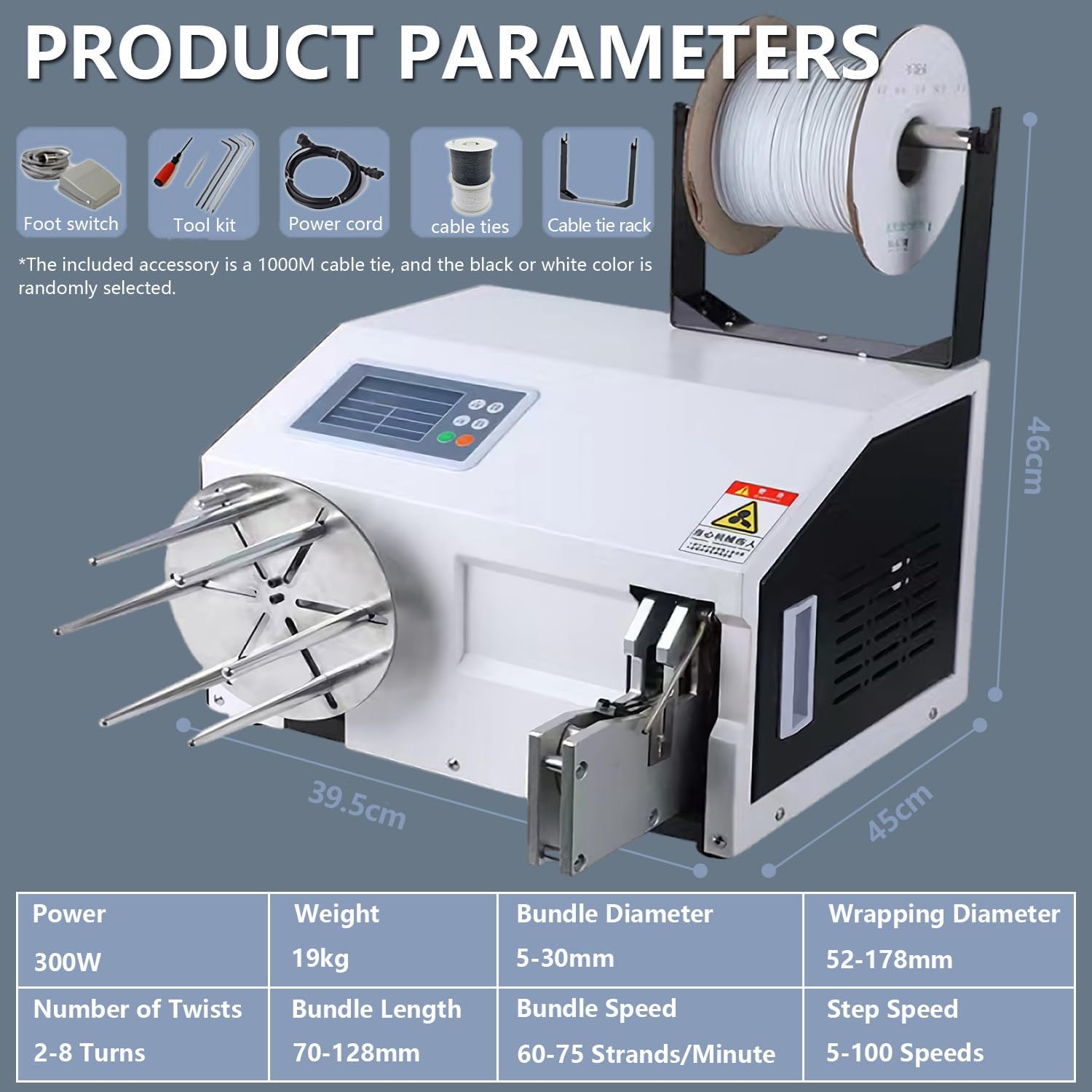 Automatic Cable Tie Machine, 2-in-1 Bundling Tool with LCD Control Panel & Foot Switch, Fast 3-Second Strapping for Power Cords, Bundle Diameter 5-30mm