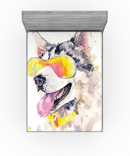 Miniatura 3 de Lunarable Sábana bajera de animales, divertido perro husky con lentes de sol de acuarela humorística fresca de cachorro, ropa de cama de tela