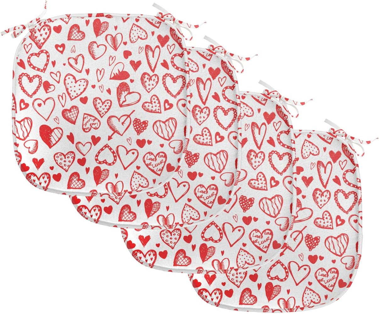 Lunarable Hearts Chair Seating Cushion Set of 4, Monochrome Valentines Day Inspired Hearts Sketch Drawing Style, Anti-Slip Seat Padding for Kitchen & Patio, 16"x16", Vermilion White
