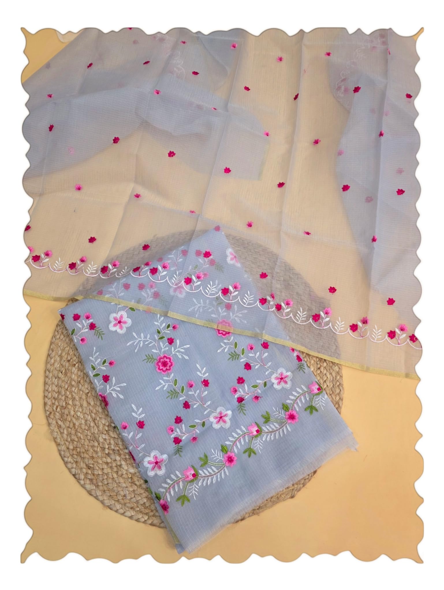 Women's Kota Doria Embroidery Suit With Designer Floral Motifs Design Set – 2.5 Meter Top & 2.5 Meter Dupatta | Floral Thread Work Design | No Bottom Included (Handloom Cloth Store) HSK39KEDST-image-18