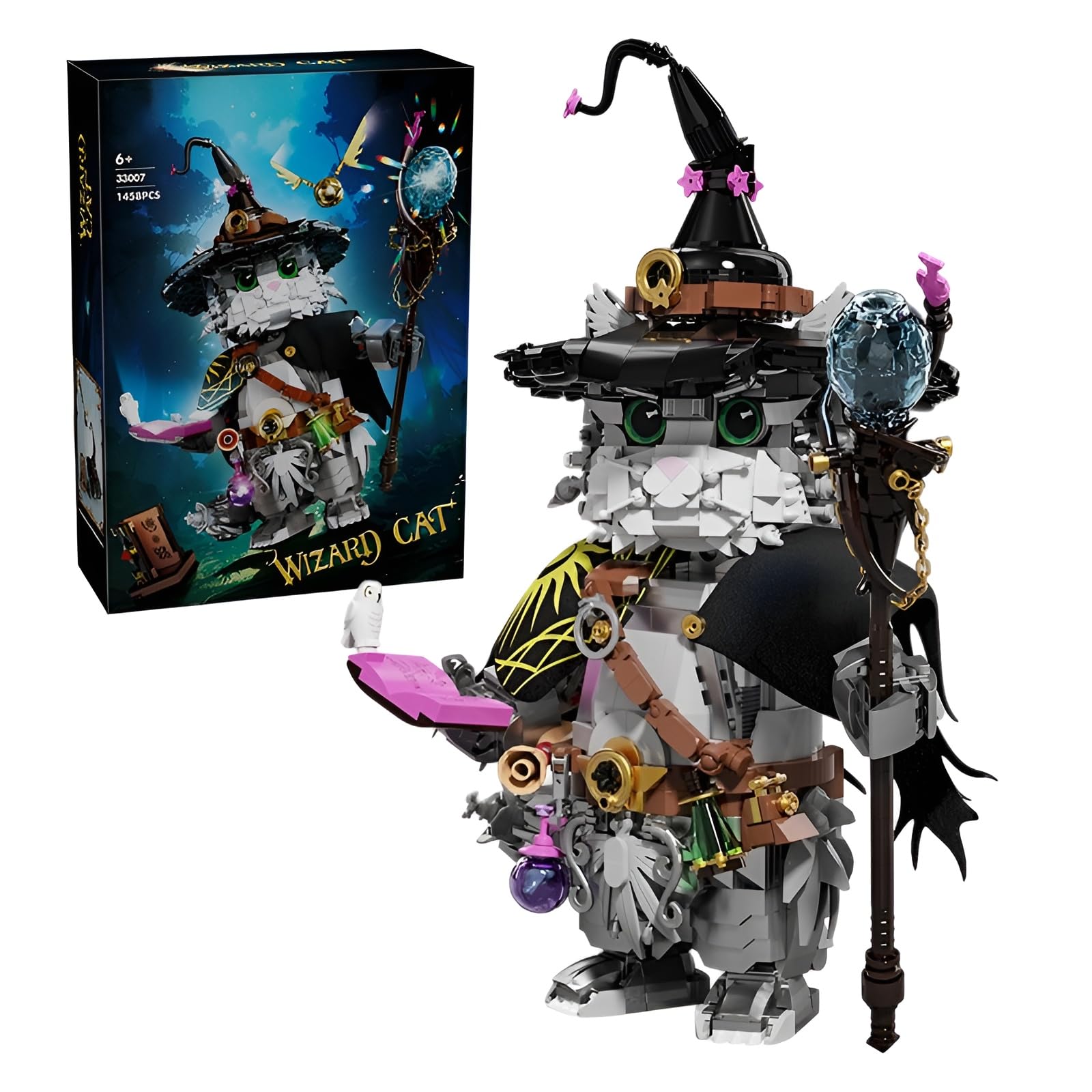 JUCYJULY Magical Wizard Cat Building Kit - 1458 PCS Compatible Bricks | 3D Mystical Animal Model Toy for 16+ Teenager & Adults | Unique Gift for Wizard & Cat Lovers (33007)