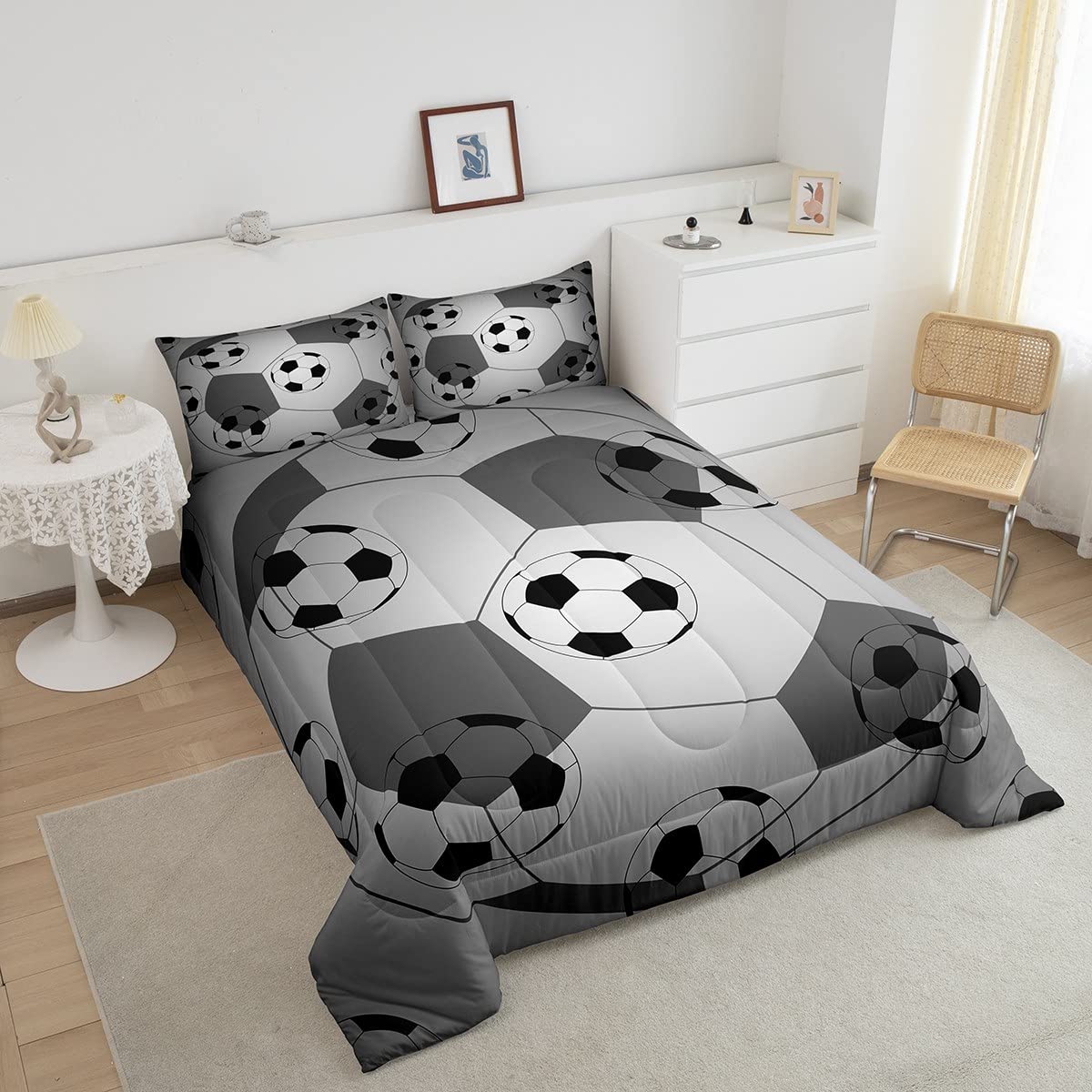 Juego de edredón de fútbol con temática deportiva, juego de cama de pelota de fútbol, juego de edredón acolchado gris para niños, niñas, adolescentes, microfibra, tamaño King, 3 piezas