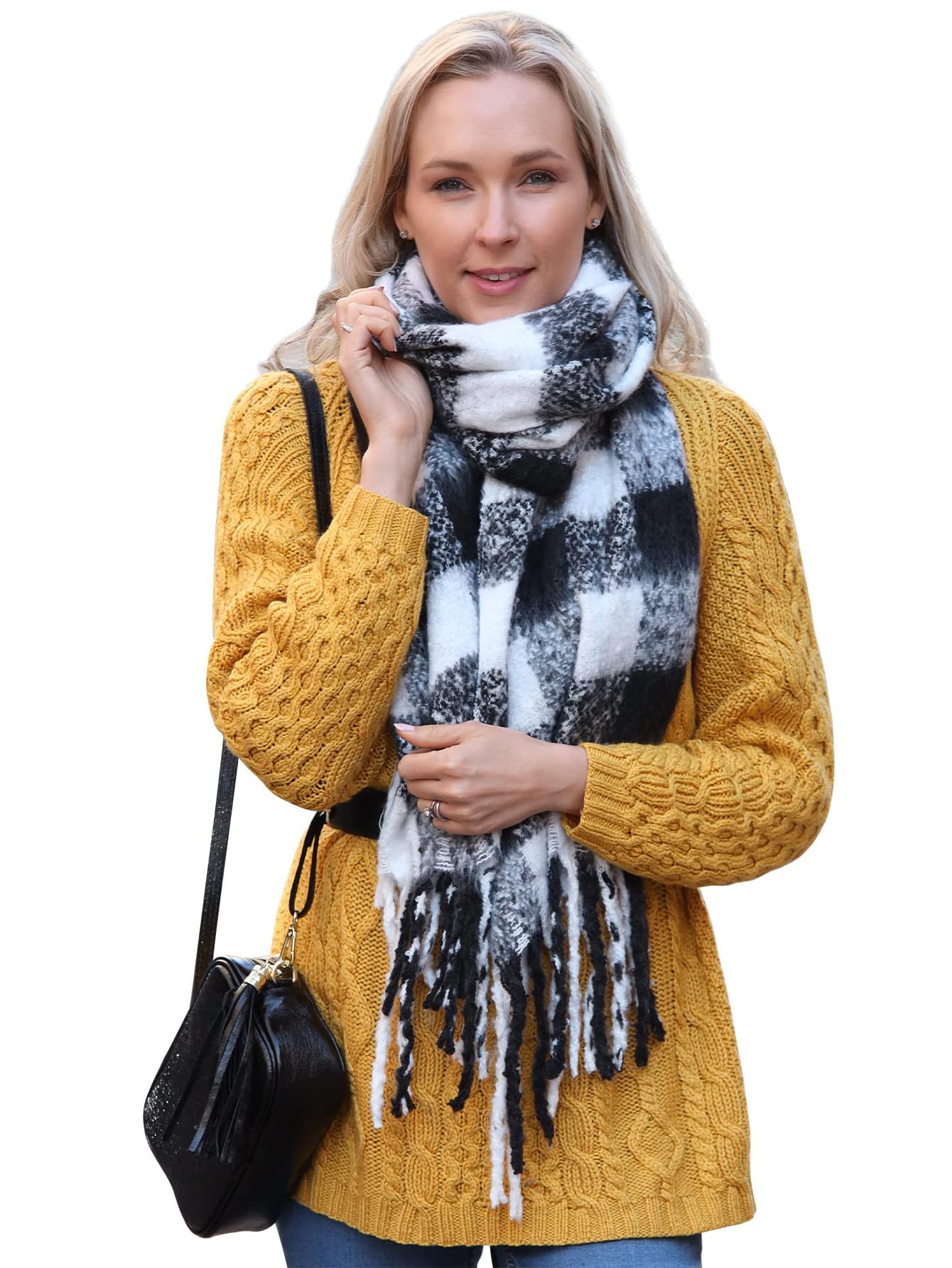Style Slice Women's 14-Black&White Blanket Scarf Tartan Scarf Thick Warm Blanket Scarves, Plaid Check Long Large Oversized Soft Shawl And Wrap Christmas Gifts For