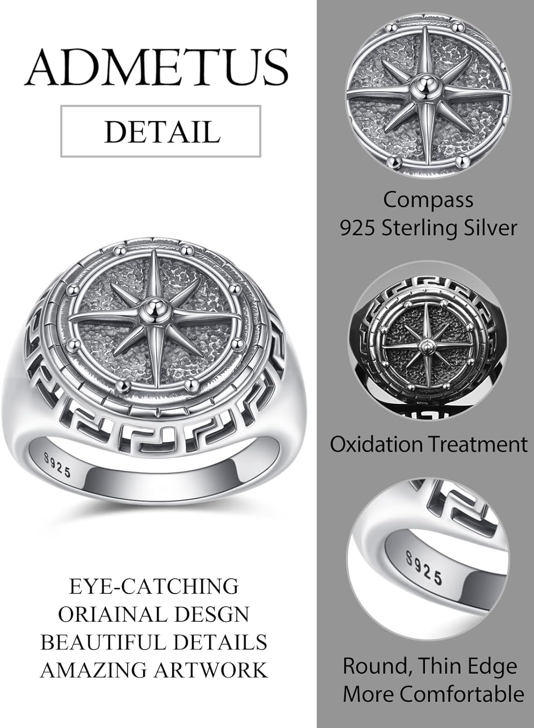 ADMETUS 925 Sterling Silver Compass Ring, Graduation Gifts for Him, Men Rings Size 6-15
