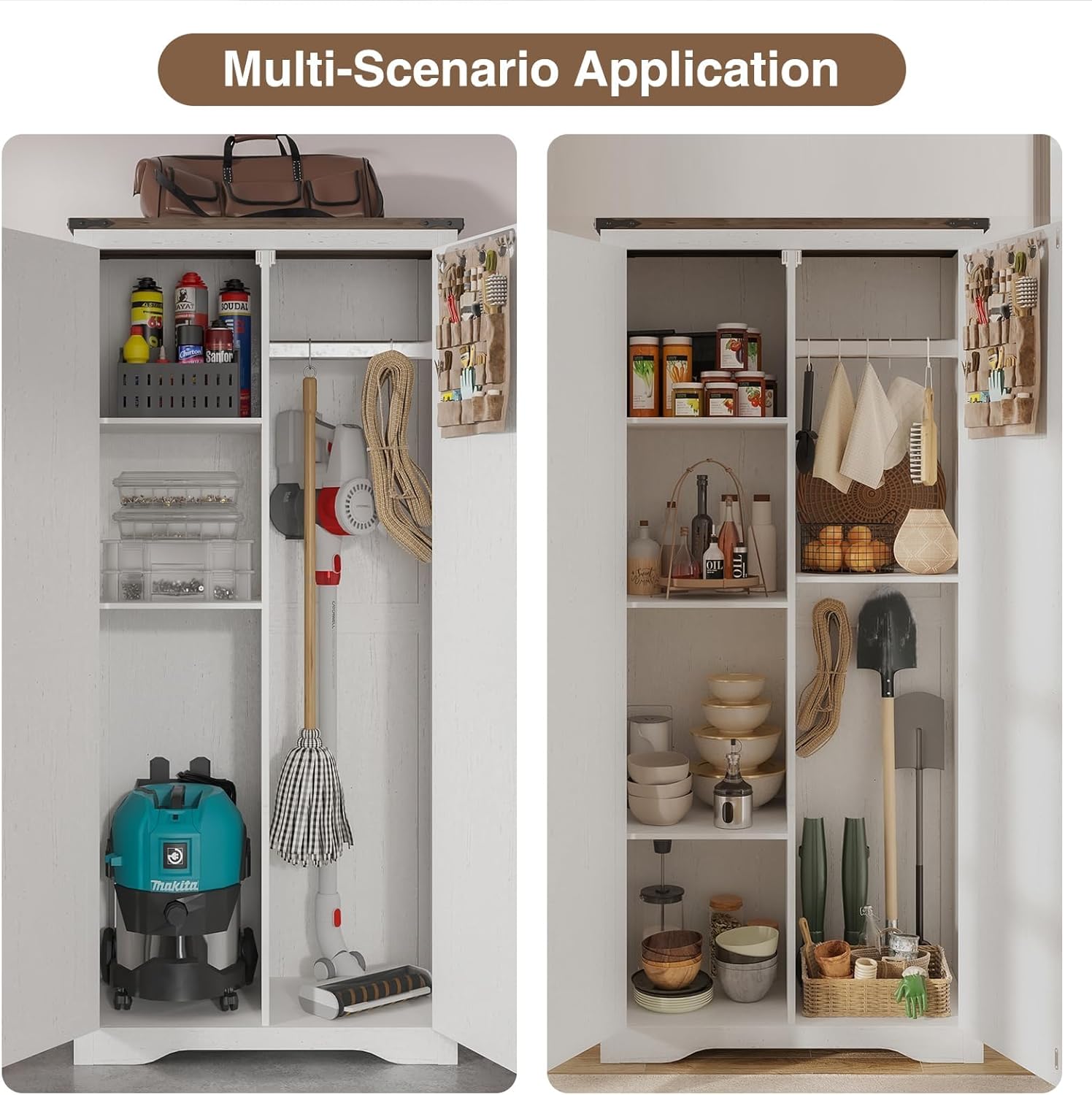 Farmhouse Storage Cabinet with Adjustable Shelves, Large Pantry Organize with 2 Barn Doors, Freestanding Cabinet for Kitchen, Garage, Basement, Living, Utility Room, Off-White