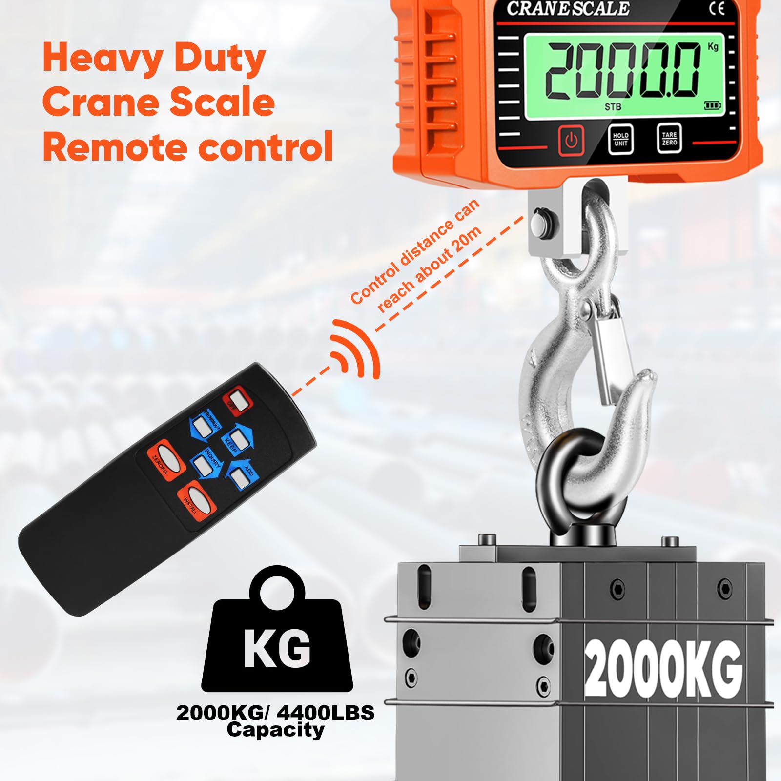 Bilancia da gru digitale, bilancia sospesa elettronica da 2000 kg 4400 libbre, bilancia sospesa industriale con sensore preciso, mini bilancia LCD portatile con gancio, bilancia da gioco digitale