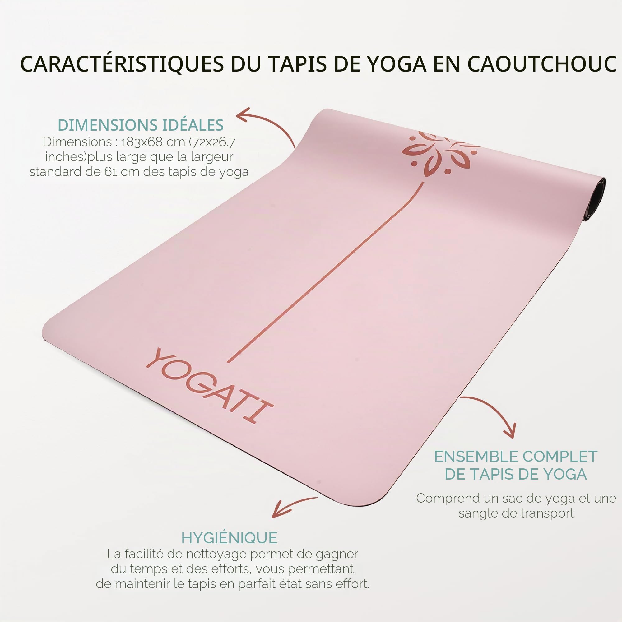 YOGATI® Tapis De Yoga Antidérapant en Caoutchouc Naturel | Tapis de Pilates portable avec une sangle de transport | Tapis de sport Fitness a la maison | Tapis Gym pour entrainement et exercise au sol