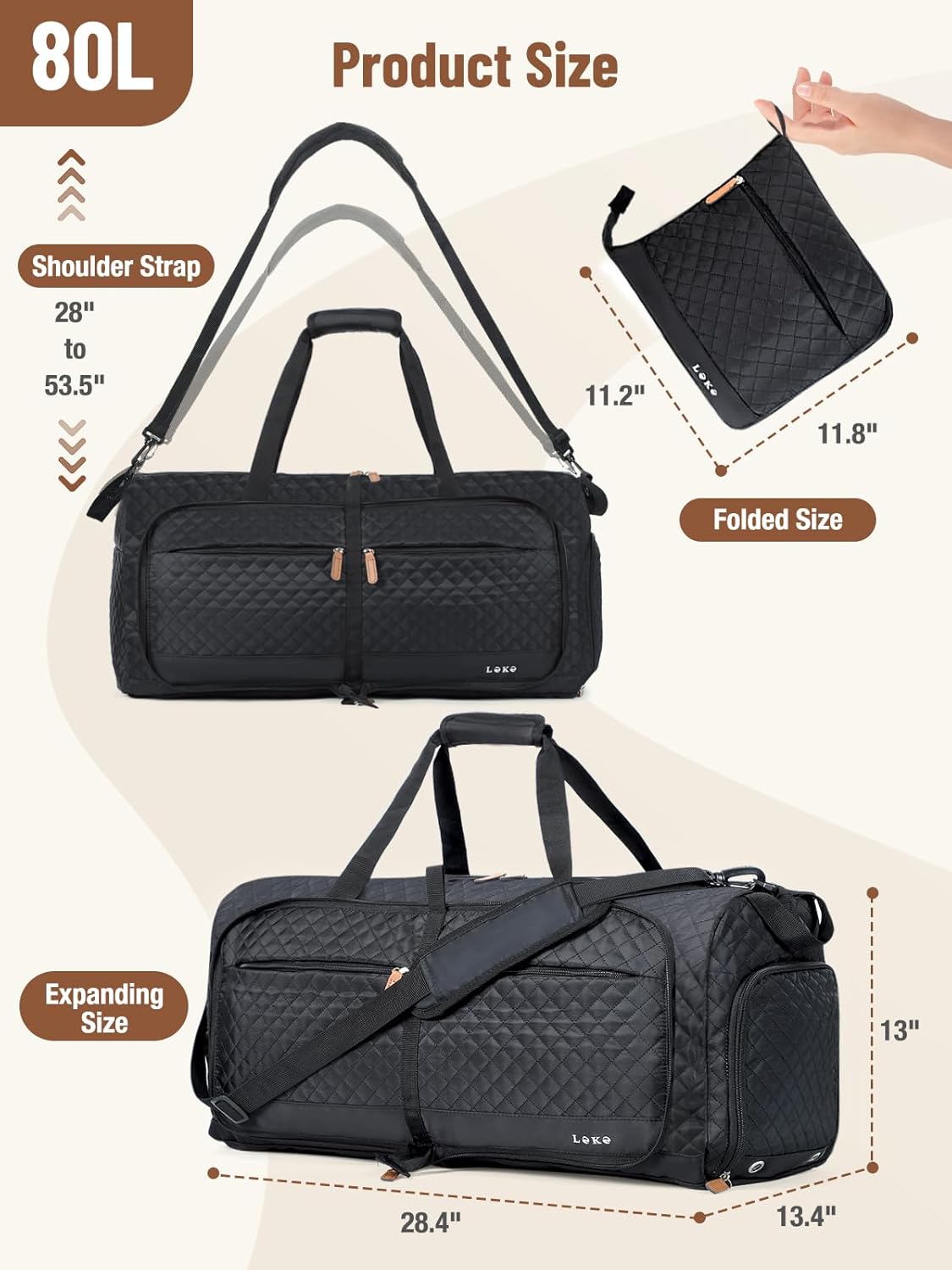Lekesky Foldable Travel Duffel Bag for Women, 80L Large Duffle Bag with Separate Shoes Compartments & Straps, Carry On Weekend Bag for Women, Hospital, Overnight(Black Quilted) - Image 3