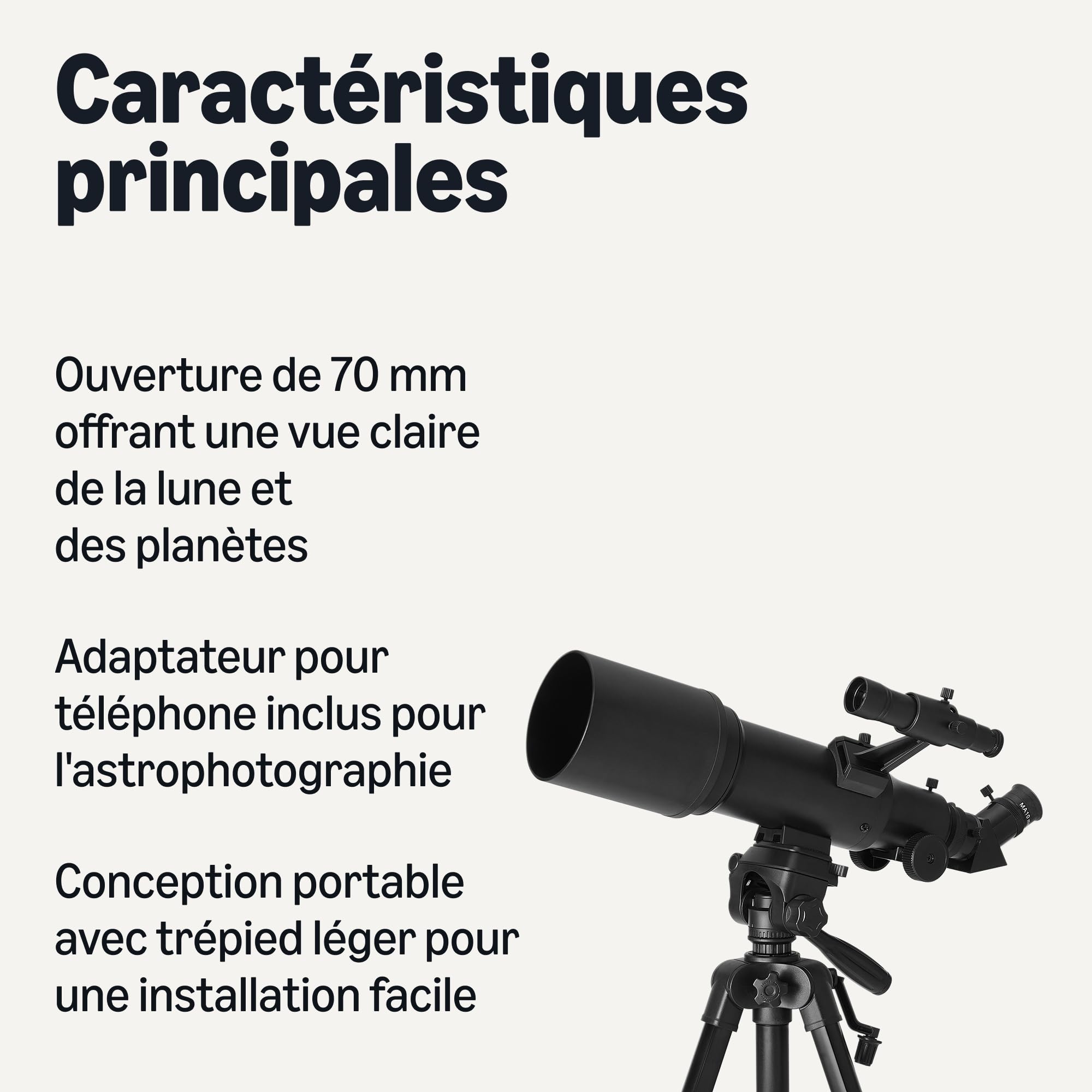 Amazon Basics Télescope, Ouverture 70 mm, Montage AZ 400 mm, Portable avec Trépied, Support de Téléphone, Sac, Noir