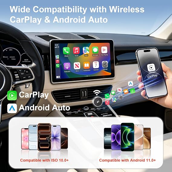 2-in-1 Wireless CarPlay & Android Auto Adapter, CarPlay Dongle Convert Wired to Wireless, Bluetooth & Wi-Fi, Plug & Play, Zero Latency, Compatible with USB/USB-C (Black)