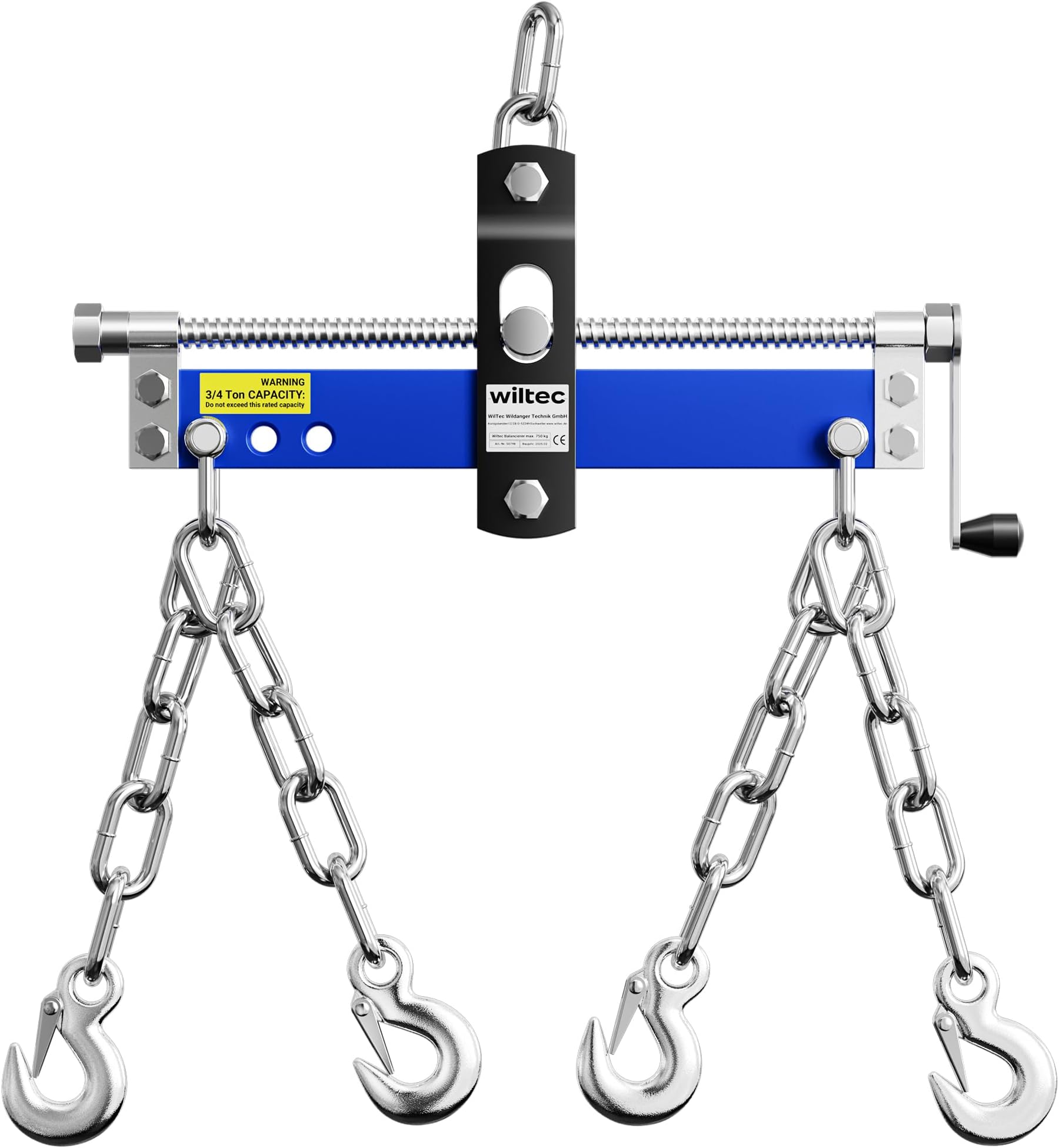 – WilTec Solid Steel Engine Load Leveller - 750kg Max, Easy To Connect To Workshop Crane & Engine Stand, Includes four Chains with Safety Hooks