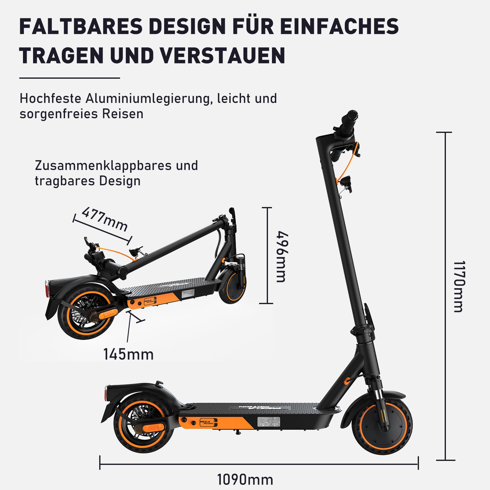 MEGA MOTION Trottinette électrique avec autorisation de circulation routière (ABE) - Pliable - Pour adulte - Portée de 35 km - Pneus de 8,5" - Moteur 400 W et double suspension - Sac de transport et