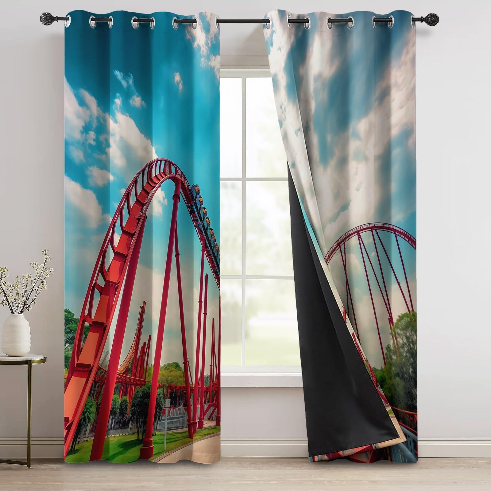 Cortinas Dormitorio Opacas, Parque De Atracciones Termicas Aislantes Frio y Calor Cortinas Salon, Cortinas Estampadas Montaña Rusa con Ojales 140 x 245 cm (2 Paneles)