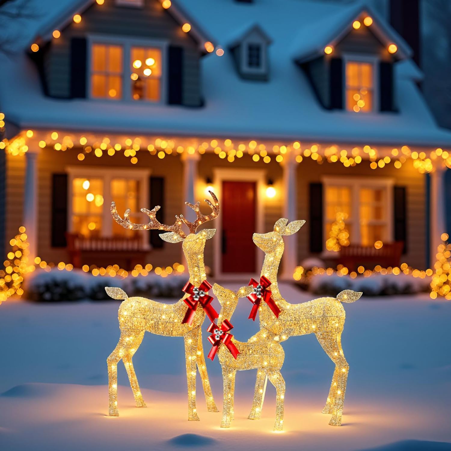 YULETIME Familia de renos de Navidad iluminada 3D, de 3 piezas, con purpurina, decoración de festividades de ciervos con luces LED color blanco cálido (familia 3D)