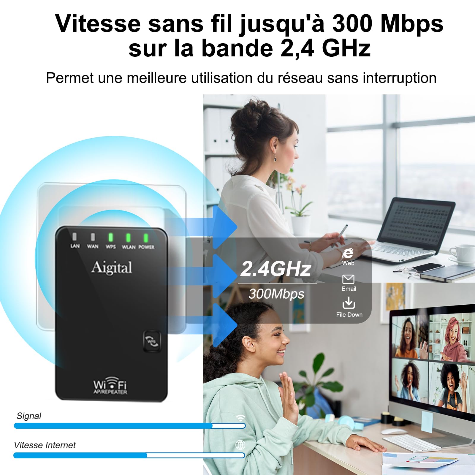 Répéteur WiFi Amplificateur WiFi 300Mbps 2.4GHz, Mini WiFi Extender, WiFi Booster,Supprimez Les Zones Mortes, Antennes Interne, 2 Port Ethernet, WPS, Compatible avec Toutes Les Box Internet